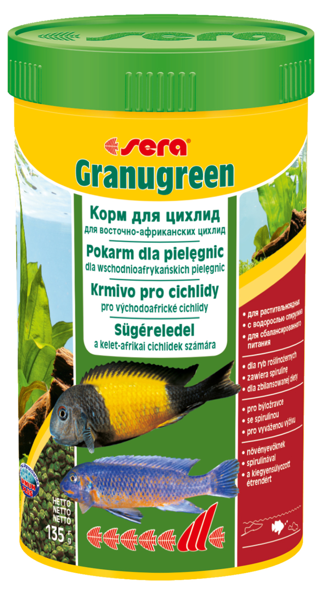 Корм для рыб Sera Granugreen, 250 мл (135 г)0392 Корм для рыб Sera Granugreen, 250 мл (135 г)0392Корм для рыб Sera Granugreen - это основной комплексный корм в виде гранул, произведенных путем бережной обработки сырья. Предназначен для цихлид из африканских озер Малави и Танганьика, которые преимущественно питаются растениями и перифитоном. Сбалансированный состав растительных компонентов, таких как водоросль спирулина и шпинат, способствует здоровому пищеварению и оптимальному формированию яркости и насыщенности окраски цихлид. Медленно тонущие гранулы надолго сохраняют свою форму в воде, не загрязняя ее. Этот корм изготовлен в соответствии c формулой Vital-Immun-Protect, что гарантирует рыбам прекрасное здоровье, укрепление иммунитета и обилие жизненных сил. Инструкция по применению: кормить один-два раза в день, но только в том количестве, которое рыбы могут съесть в течение короткого периода времени. Ингредиенты: рыбная мука, кукурузный крахмал, пшеничная клейковина, пшеничная мука, пшеничные зародыши, пивные дрожжи, рыбий жир (49% Омега жирных кислот), петрушка, спирулина (1,7%), крапива, растительное сьрье, люцерна, маннанолигосахариды (0,4%), морские водоросли, паприка, шпинат, морковь, зеленые мидии, водоросль гематококкус, чеснок. Аналитический состав: протеин 38,9%, жиры 8,5%, клетчатка 4,8%, влажность 5,0%, зольные вещества 5,3%. Содержание добавок: витамин A 30.000 ID/kg, витамин D3 31.500 lU/kg, витамин E (D, L-o-tocopheryl acetate) 60 mg/kg, витамин B1 30 mg/kg, витамин B 90 mg/kg, витамин С (L-ascoibyl monophosphate) 550 mg/kg. Товар сертифицирован.