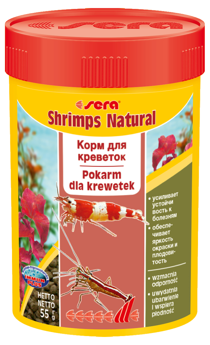 Корм для креветок Sera Shrimps Natural, 55 г0120710 Корм для креветок Sera Shrimps Natural, 55 г0120710Корм для креветок Sera Shrimps Natural - погружающийся, сохраняющий свою форму гранулированный корм для оптимального питания креветок в пресноводном и морском аквариумах. Высококачественные ингредиенты гарантируют здоровое развитие, яркость окраса, плодовитость и жизнеспособность. Инструкция по применению: Кормить экономно один раз в день. Сразу после кормления не удаляйте остатки гранул; они сохраняют свою форму в течение длительного времени; креветки поедают корм медленно. Ингредиенты: рыбная мука, пшеничная мука, пшеничные зародыши, пивные дрожжи, спирулина, казеинат кальция, морские водоросли, гаммарус, крапива, кора ивы, ольховые шишки, рыбий жир (49% омега жирных кислот), маннанолигосахериды (0,4%), растительное сырье, люцерна, петрушка, паприка, зеленые мидии, шпинат, морковь, водоросль гематококкус, чеснок. Аналитический состав: протеин 40,5%, жиры 7,7%, клетчатка 6,0%, влажность 5,0%, зольные вещества 10,5%, кальций 2,5%, фосфор 1,0%. Содержание добавок: витамин A 37.000 lU/kg, витамин D3 1.800 IU/ kg, витамин E (D, L-a-tocopheryl acetate) 120 mg/kg, витамин B1 35 mg/kg, витамин B2 90 mg/kg, витамин С (L-flscabyl monophosphate) 550 mg/kg. Товар сертифицирован.