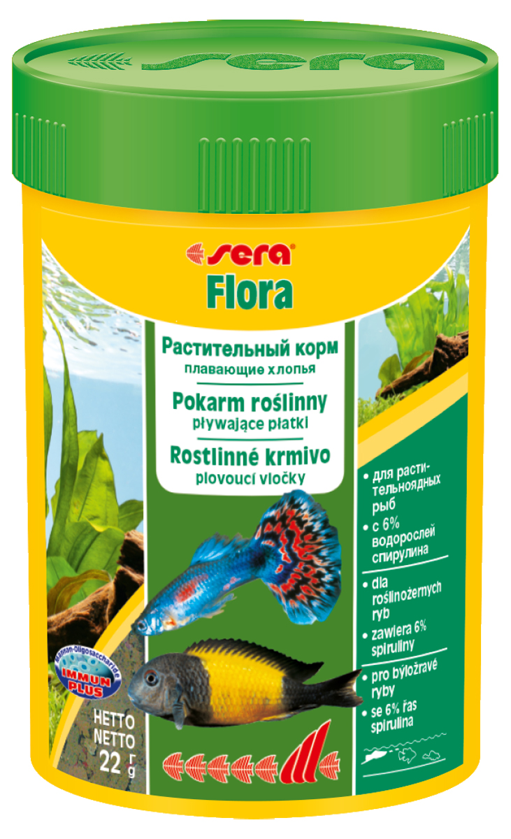 Корм для рыб Sera Flora, 100 мл (22 г)0120710 Корм для рыб Sera Flora, 100 мл (22 г)0120710Корм для рыб Sera Flora - хлопьевидный корм из растительного сырья для всех растительноядных рыб, живородящих (гуппи, меченосцы), африканских цихлид. Для растительноядных рыб данный корм должен составлять не менее 70% от рациона, для всех остальных может использоваться в качестве дополнительного корма. Это идеальный корм для всех видов рыб, кормящихся у поверхности воды. Тщательно подобранные ингредиенты корма, богатые балластными веществами, такими как водоросль спирулина, способствуют здоровому пищеварению и жизнестойкости рыб. Хлопья долго плавают, сохраняя свою форму, поэтому они поедаются полностью и не загрязняют воду. Формула Vital-Immun-Protect гарантирует рыбам прекрасное здоровье, укрепление иммунитета и обилие жизненных сил. Инструкция по применению: Кормить один-два раза в день, но только в том количестве, которое рыбы могут съесть в течение короткого периода времени. Ингредиенты: рыбная мука, пшеничная мука, пивные дрожжи, казеинат кальция, спирулина (6%), гаммарус, морские водоросли, цельный яичный порошок, крапива, люцерна, растительное сырье, маннанолигосахариды (0,4%), жир из печени рыбы (34% Омега жирных кислот), петрушка, паприка, зеленые мидии, шпинат, морковь, водоросль гематококкус, чеснок. Аналитический состав: протеин 44,7%, жиры 7,7%, клетчатка 4,2%, влажность 5,8%, зольные вещества 11,3%.Витамины и провитамины: витамин A 37.000 МЕ/кг, витамин D3 1.800 МЕ/кг, витамин E (D, L-а-tocopheryl acetate) 120 мг/кг, витамин B1 35 мг/кг, витамин B2 90 мг/кг, витамин C (L-ascorbyl monophosphate) 550 мг/кг. Содержит пищевые красители, допустимые в ЕС. Товар сертифицирован.