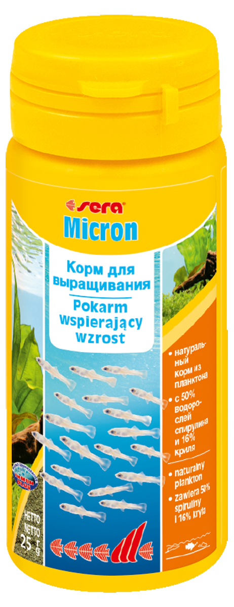 Корм для рыб Sera Micron, 50 мл (25 г)0120710 Корм для рыб Sera Micron, 50 мл (25 г)0120710Корм для рыб Sera Micron - исключительно мелкий порошковый корм для всех мальков икромечущих рыб, также подходит для кормления науплий артемий и кишечнополостных организмов. Корм медленно тонет и обладает высокой поедаемостью. Способствует оптимальному развитию и устойчивости к заболеваниям. Инструкция по применению: Кормить несколько раза в день, но только в том количестве, которое рыбы могут съесть в течение короткого периода времени. Ингредиенты: спирулинв (50%), криль (16%), рыбная мука, креветки, пшеничная мука, растительное сырье, люцерна, крапива, пивные дрожжи, казеинат кальция, морские водоросли, петрушка, паприка, шпинат, жир из печени рыбы (34% Омега жирных кислот), гаммарус, морковь, цельный яичный порошок, маннанолигосахариды (0,4%), водоросль гематококкус, зеленые мидии, чеснок. Аналитический состав: протеин 55,0%, жиры 7,0%, клетчатка 6,4%, влажность 5,5%, зольные вещества 10,5%. Содержание добавок: витамин 6.200 lU/kg, витамин D3 300 lU/kg, витамин E (D, L-o-tooopheryl acetate) 20 mg/kg, витамин B1 6 mg/kg, витамин B2 15 mg/kg, стаб. витамин С (L-ascorbyl monophosphate) 95 mg/kg. Содержит пищевые красители, допустимые в ЕС. Товар сертифицирован.