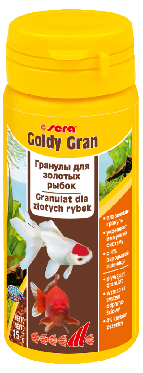 Корм для рыб Sera Goldy Gran, 50 мл (15 г)0863 Корм для рыб Sera Goldy Gran, 50 мл (15 г)0863Корм для рыб Sera Goldy Gran - комплексный корм для холодноводных рыб (аквариумных и прудовых), идеальный основной корм для золотых рыбок. Плавающие гранулы корма, благодаря высококачественным ингредиентам, обеспечивают всеми необходимыми питательными веществами даже самые привередливые виды рыб. Входящие в состав корма зародыши пшеницы гарантируют высокую усвояемость корма, в том числе при низких температурах. Рыбы, таким образом, растут и остаются здоровыми без перекармливания. Результатом кормления этим кормом будут яркие цвета, здоровый рост, крепкая иммунная система, плодовитость и жизнеспособность рыб. Инструкция по применению: Кормите небольшими порциями один-два раза в день, в течение всего года. Дозируйте такое количество корма, которое рыбы могут съесть в течение короткого периода времени. Ингредиенты: рыбная мука, кукурузный крахмал, пшеничная мука, пшеничные зародыши (4%), пшеничная клейковина, рыбий жир, пивные дрожжи, маннанолигосахариды (0,4%), криль, зеленые мидии, чеснок. Аналитический состав: протеин 33,0%, жиры 7,2%, клетчатка 4,8%, влажность 5,4%, зольные вещества 5,8%.Витамины и провитамины: витамин А 14.400 МЕ/кг, витамин D31.800 МЕ/кг, витамин Е (D, L-a-tocopheryl acetate) 180 мг/кг, витамин В1 18 мг/кг, витамин В2 18 мг/кг, витамин С (L-ascorbyl monophosphate) 180 мг/кг. Содержит пищевые красители, допустимые в ЕС. Товар сертифицирован.