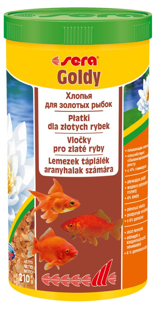 Корм для рыб Sera Goldy, 1 л (210 г)0120710 Корм для рыб Sera Goldy, 1 л (210 г)0120710Корм для рыб Sera Goldy - основной корм в хлопьях для каждодневного кормления всех золотых рыбок в аквариумах и садовых прудах. Золотым рыбкам требуется меньше белков и больше легко перевариваемых углеводов, чем тропическим рыбкам. Корм sera goldy содержит спирулину и муку из пророщенной пшеницы, благодаря чему идеально подходит для кормления холодноводных рыб в аквариумах и прудах. Кормление рыб осенью укрепляет рыб перед спячкой (при зимовке в водоеме). Благодаря тщательно подобранным ингредиентам растительного и животного происхождения, корм является привлекательным для рыб, легко усваивается, способствует их сбалансированному росту и активности. Инструкция по применению: Кормить круглогодично один-два раза в день, но только в том количестве, которое рыбы могут съесть в течение короткого периода времени. Молодые рыбки нуждаются в более частом кормлении (при необходимости можно измельчить хлопья для более полноценного кормления). Ингредиенты: рыбная мука, пшеничная мука, пивные дрожжи, казеинат кальция, гаммарус (4%), маннанолигосахариды (0,4%), зеленые мидии, чеснок, крапива, люцерна, растительное сырье, петрушка, морские водоросли, паприка, спирулина, шпинат, морковь. Аналитический состав: протеин 48,6%, жиры 8,1%, клетчатка 3,9%, влажность 5,0%, зольные вещества 11,1%.Витамины и провитамины: витамин A 30.000 МЕ/кг, витамин D3 1.500 МЕ/кг, витамин E (D, L-а-tocopheryl acetate) 60 мг/кг, витамин B1 30 мг/кг, витамин B2 90 мг/кг, витамин C (L-ascorbyl monophosphate) 550 мг/кг. Содержит пищевые красители, допустимые в ЕС. Товар сертифицирован.