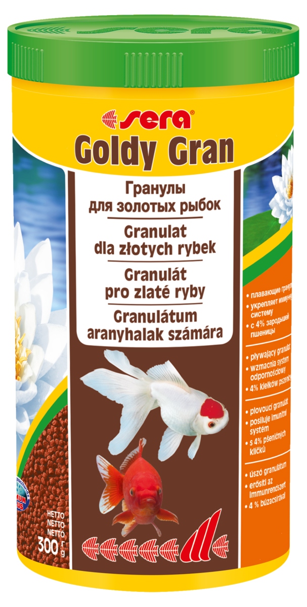 Корм для рыб Sera Goldy Gran, 1 л (300 г)0120710 Корм для рыб Sera Goldy Gran, 1 л (300 г)0120710Корм для рыб Sera Goldy Gran - комплексный корм для холодноводных рыб (аквариумных и прудовых), идеальный основной корм для золотых рыбок. Плавающие гранулы корма, благодаря высококачественным ингредиентам, обеспечивают всеми необходимыми питательными веществами даже самые привередливые виды рыб. Входящие в состав корма зародыши пшеницы гарантируют высокую усвояемость корма, в том числе при низких температурах. Рыбы, таким образом, растут и остаются здоровыми без перекармливания. Результатом кормления этим кормом будут яркие цвета, здоровый рост, крепкая иммунная система, плодовитость и жизнеспособность рыб. Инструкция по применению: Кормите небольшими порциями один-два раза в день, в течение всего года. Дозируйте такое количество корма, которое рыбы могут съесть в течение короткого периода времени. Ингредиенты: рыбная мука, кукурузный крахмал, пшеничная мука, пшеничные зародыши (4%), пшеничная клейковина, рыбий жир, пивные дрожжи, маннанолигосахариды (0,4%), криль, зеленые мидии, чеснок. Аналитический состав: протеин 33,0%, жиры 7,2%, клетчатка 4,8%, влажность 5,4%, зольные вещества 5,8%.Витамины и провитамины: витамин А 14.400 МЕ/кг, витамин D31.800 МЕ/кг, витамин Е (D, L-a-tocopheryl acetate) 180 мг/кг, витамин В1 18 мг/кг, витамин В2 18 мг/кг, витамин С (L-ascorbyl monophosphate) 180 мг/кг. Содержит пищевые красители, допустимые в ЕС. Товар сертифицирован.