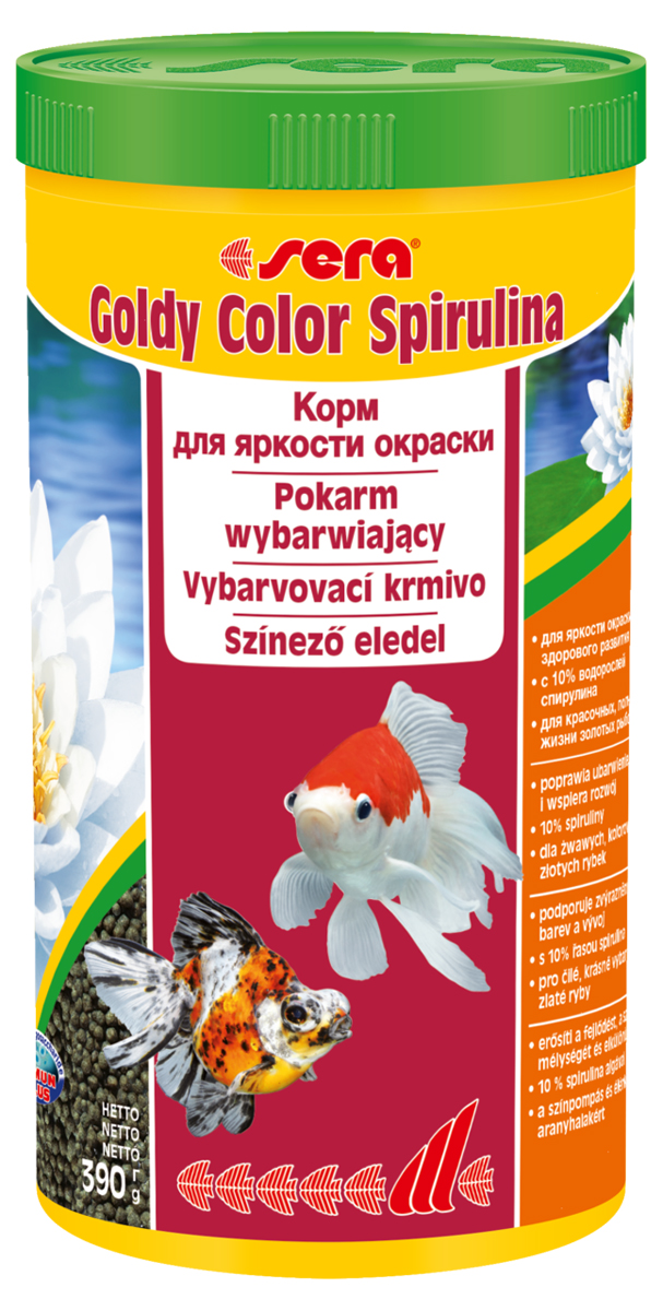 Корм для рыб Sera Goldy Color Spirulina, 1 л (390 г)0120710 Корм для рыб Sera Goldy Color Spirulina, 1 л (390 г)0120710Корм для рыб Sera Goldy Color Spirulina - комплексный корм для холодноводных рыб (аквариумных и прудовых), который способствует яркости окраски и развитию золотых рыбок. Особенно высокое содержание водорослей спирулина (10%) гарантирует оптимальное развитие и усиление яркости окраски рыб. Плавающие гранулы корма долго сохраняют свою форму, не вызывают помутнения воды, легко усваиваются и отлично подходят для кормления рыбы в течение всего года. Результатом кормления этим кормом будут яркие цвета, здоровый рост, крепкая иммунная система, плодовитость и жизнеспособность рыб. Инструкция по применению: Кормите небольшими порциями один-два раза в день, в течение всего года. Дозируйте такое количество корма, которое рыбы могут съесть в течение короткого периода времени. Ингредиенты: рыбная мука, кукурузный крахмал, пшеничная мука, спирулина (10%), пшеничные зародыши, пивные дрожжи, рыбий жир, гаммарус, пшеничная клейковина, маннанолигосахариды (0,4%), криль, крапива, растительное сырье, люцерна, петрушка, зеленые мидии, морские водоросли, паприка, шпинат, морковь, чеснок. Аналитический состав: протеин 38,9%, жиры 7,8%, клетчатка 5,7%, влажность 5,0%, зольные вещества 6,9%.Витамины и провитамины: витамин А 14.400 МЕ/кг, витамин D3 1.800 МЕ/кг, витамин Е (D, L-Q-tocopheryl acetate) 180 мг/кг, витамин В1 18 мг/кг, витамин В2 18 мг/кг, витамин С (L-ascorbyl monophosphate) 180 мг/кг. Товар сертифицирован.