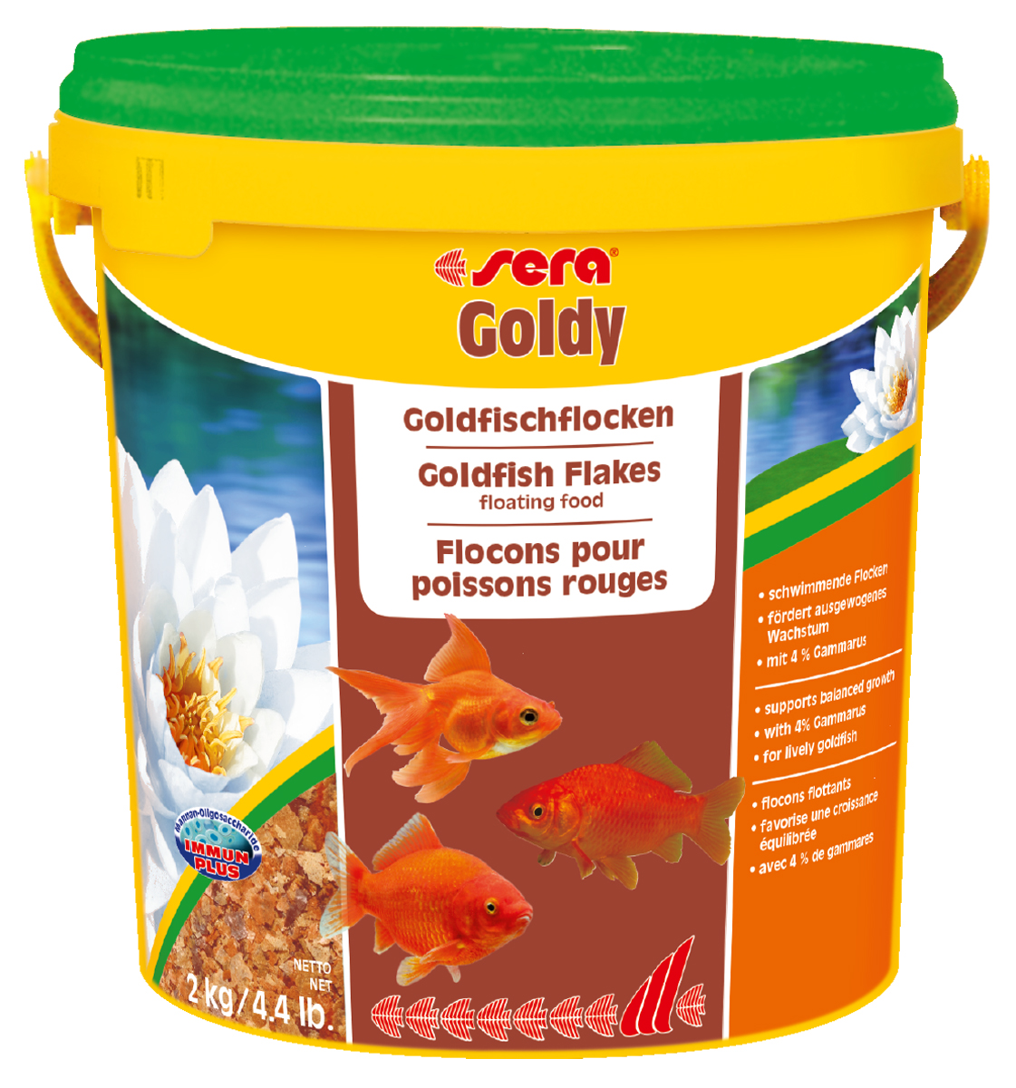 Корм для рыб Sera Goldy, 10 л (2 кг)0120710 Корм для рыб Sera Goldy, 10 л (2 кг)0120710Корм для рыб Sera Goldy - основной корм в хлопьях для каждодневного кормления всех золотых рыбок в аквариумах и садовых прудах. Золотым рыбкам требуется меньше белков и больше легко перевариваемых углеводов, чем тропическим рыбкам. Корм sera goldy содержит спирулину и муку из пророщенной пшеницы, благодаря чему идеально подходит для кормления холодноводных рыб в аквариумах и прудах. Кормление рыб осенью укрепляет рыб перед спячкой (при зимовке в водоеме). Благодаря тщательно подобранным ингредиентам растительного и животного происхождения, корм является привлекательным для рыб, легко усваивается, способствует их сбалансированному росту и активности. Инструкция по применению: Кормить круглогодично один-два раза в день, но только в том количестве, которое рыбы могут съесть в течение короткого периода времени. Молодые рыбки нуждаются в более частом кормлении (при необходимости можно измельчить хлопья для более полноценного кормления). Ингредиенты: рыбная мука, пшеничная мука, пивные дрожжи, казеинат кальция, гаммарус (4%), маннанолигосахариды (0,4%), зеленые мидии, чеснок, крапива, люцерна, растительное сырье, петрушка, морские водоросли, паприка, спирулина, шпинат, морковь. Аналитический состав: протеин 48,6%, жиры 8,1%, клетчатка 3,9%, влажность 5,0%, зольные вещества 11,1%.Витамины и провитамины: витамин A 30.000 МЕ/кг, витамин D3 1.500 МЕ/кг, витамин E (D, L-а-tocopheryl acetate) 60 мг/кг, витамин B1 30 мг/кг, витамин B2 90 мг/кг, витамин C (L-ascorbyl monophosphate) 550 мг/кг. Содержит пищевые красители, допустимые в ЕС. Товар сертифицирован.