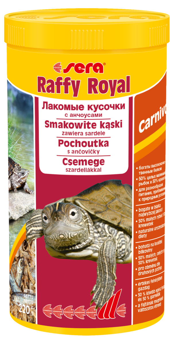 Корм для рептилий Sera Raffy Royal, 1 л (220 г)0120710 Корм для рептилий Sera Raffy Royal, 1 л (220 г)0120710Корм для рептилий Sera Raffy Royal - это смешанный корм-лакомство для водных черепах и других плотоядных рептилий, а также хищных рыб, богатое легко усваиваемым белком и микроэлементами. Корм изготовлен из кормовых организмов, высушенных целиком. В природе маленькие рыбки являются важным источником питания водных черепах. Инструкция по применению: Кормить экономно, несколько раз в неделю, между основными кормлениями. Кормя черепах целыми рыбками, вы можете полностью повторить процесс кормления, так как это происходит в природе. Ингредиенты: рыба (50%), креветки (50%).Аналитический состав: протеин 62,3%, жиры 8,0%, клетчатка 4,9%, влажность 8,3%, зольные вещества 14,4%, кальций 2,3%, фосфор 1,5%.Товар сертифицирован.