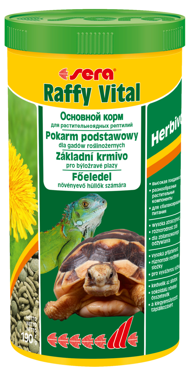 Корм для рептилий Sera Raffy Vital, 1 л (190 г)0120710 Корм для рептилий Sera Raffy Vital, 1 л (190 г)0120710Корм для рептилий Sera Raffy Vital - это смешанный корм для сухопутных черепах и других растительноядных рептилий. Вкусная и богатая балластным веществом смесь из кормовых палочек и травяных таблеток оптимально удовлетворяет потребностям животных. Тщательно сбалансированное содержание витаминов и минералов укрепляет устойчивость к болезням и способствует здоровому росту костей и панциря. Инструкция по применению: Кормить экономно, ежедневно. Корм может подаваться в промежутках между кормлениями в сухом виде или увлажненный водой, а также его можно смешивать со свежим кормом (например, салат ромэн, одуванчик, крапива). Ингредиенты: кукурузный крахмал, пшеничная мука, растительное сырье, люцерна, рыбная мука, пшеничная клейковина, морские водоросли, крапива, пивные дрожжи, морковь, петрушка, спирулина, паприка, цельный яичный порошок, гаммарус, рыбий жир, сахар, шпинат, зеленые мидии, чеснок. Аналитический состав: протеин 18,1%, жиры 3,4%, клетчатка 9,3%, влажность 4,5%, зольные вещества 8,0%, кальций 1,5%, фосфор 0,6%.Витамины и провитамины: витамин A 24.000 МЕ/кг, витамин D3 1.200 МЕ/кг, витамин E (D, L-?-tocopheryl acetate) 48 мг/кг, витамин B1 24 мг/кг, витамин B2 72 мг/кг, витамин C (L-ascorbyl monophosphate) 440 мг/кг. Микроэлементы: Fe (E1) 25,0 мг/кг, Cu (E4) 1,3 мг/кг, Mn (E5) 1,3 мг/кг, Zn (E6) 24,9 мг/кг. Товар сертифицирован.