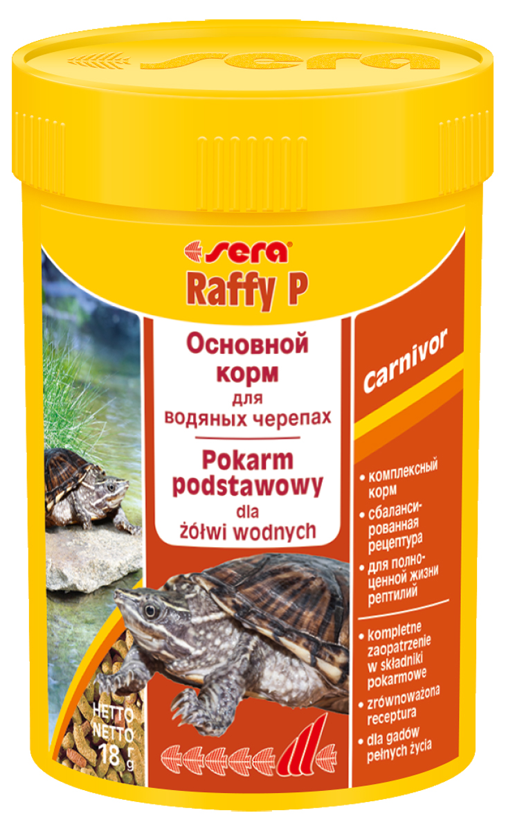 Корм для рептилий Sera Raffy P, 100 мл (18 г)38840 Корм для рептилий Sera Raffy P, 100 мл (18 г)38840Корм для рептилий Sera Raffy P - комплексный корм для водных черепах, ящериц и других плотоядных рептилий. Сбалансированный состав с оптимальным содержанием легко усваиваемых белков и углеводов, а также высококачественных жиров способствует здоровому развитию животных. Эти вкусные палочки содержат все необходимые ингредиенты, а также дополнительное количество кальция.Инструкция по применению: Кормить экономно. Смешать со свежим кормом в соответствии с потребностями животных. Ингредиенты: кукурузный крахмал, пшеничная клейковина, рыбная мука, пшеничная мука, пивные дрожжи, цельный яичный порошок, рыбий жир, гаммарус, зеленые мидии, люцерна, растительное сырье, крапива, петрушка, морские водоросли, паприка, спирулина, шпинат, морковь, чеснок. Аналитический состав: протеин 41,0%, жиры 5,4%, клетчатка 4,5%, влажность 4,0%, зольные вещества 5,4%, кальций 1,0%, фосфор 0,6%.Витамины (на 1 кг): А 30000 МЕ, D3 15000 МЕ, Е 60 мг, В1 30 мг, В2 90 мг, С 550 мг. Товар сертифицирован.