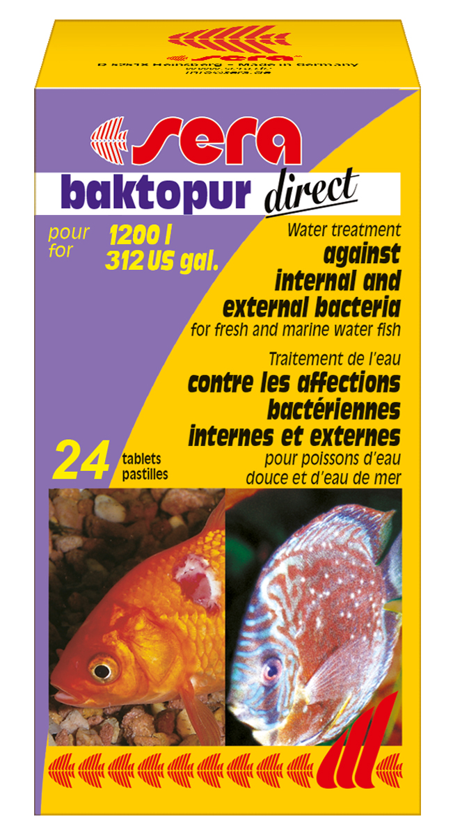 Средство для воды Sera Baktopur Direct, 24 таблетки0120710 Средство для воды Sera Baktopur Direct, 24 таблетки0120710Средство для воды Sera Baktopur Direct помогает быстро и надежно избавиться от серьезных бактериальных заболеваний, вызывающих брюшную водянку, пучеглазие или кровоточащие воспаления (язвы) у пресноводных и морских рыб.