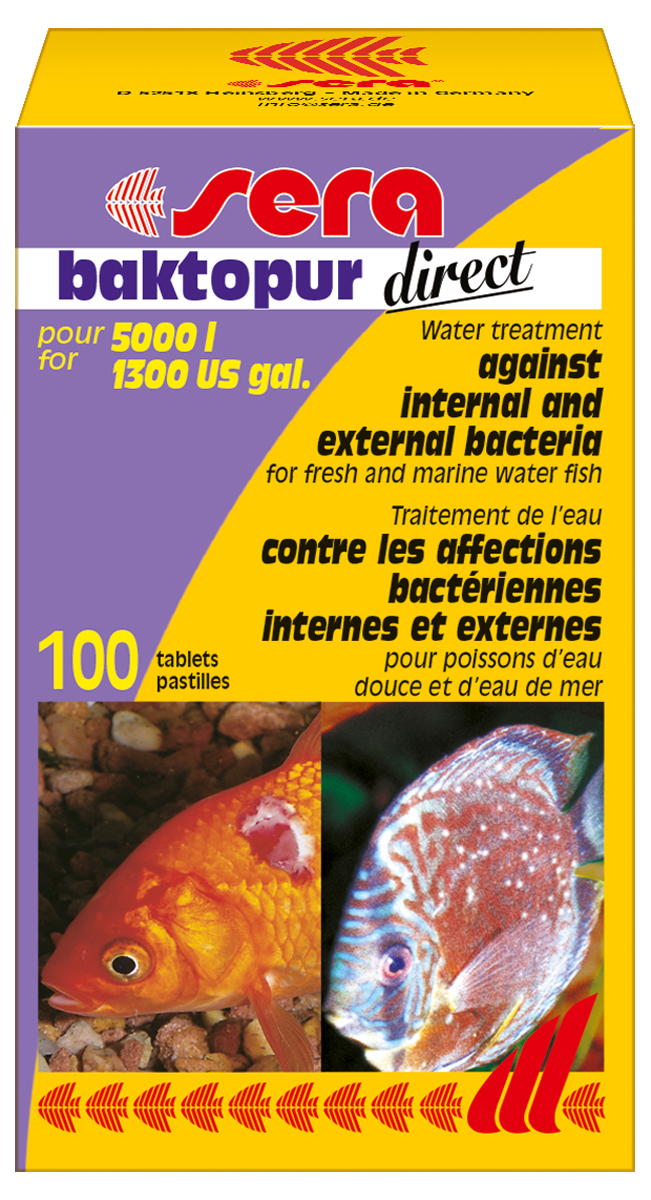 Средство для воды Sera Baktopur Direct, 100 таблеток0120710 Средство для воды Sera Baktopur Direct, 100 таблеток0120710Средство для воды Sera Baktopur Direct помогает быстро и надежно избавиться от серьезных бактериальных заболеваний, вызывающих брюшную водянку, пучеглазие или кровоточащие воспаления (язвы) у пресноводных и морских рыб.