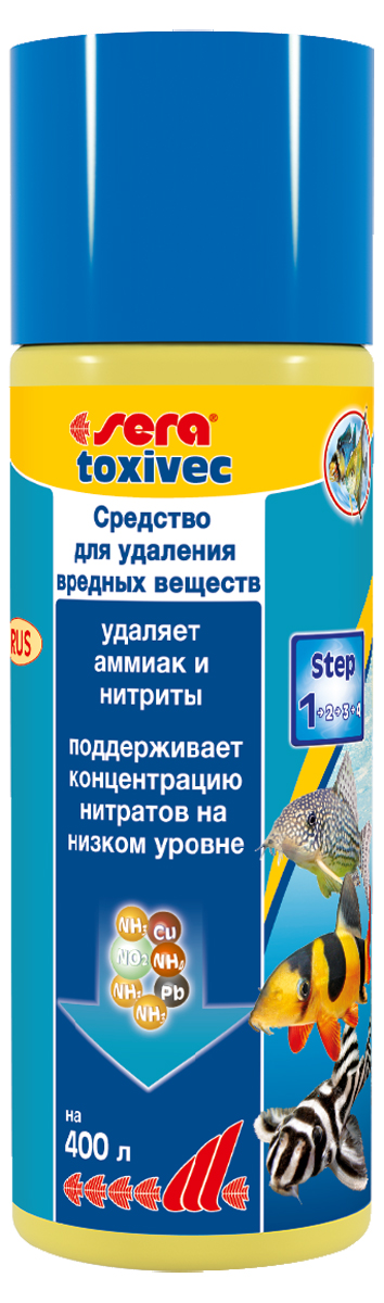 Средство для воды Sera Toxivec, 100 мл0120710 Средство для воды Sera Toxivec, 100 мл0120710Средство для воды Sera Toxivec содержит новейшую формулу QuickClean и немедленно устраняет опасные загрязнители, угрожающие жизни рыб и фильтрующих бактерий, из аквариумной воды, устраняет аммоний/аммиак и нитриты. Благодаря этому он предотвращает их переход в нитраты и, таким образом, сдерживает рост нежелательных водорослей. Кроме того, он устраняет агрессивный хлор из водопроводной воды. Также эффективен в качестве устранителя остатков дезинфицирующих средств и примененных лекарств. При этом он способен даже на большее: связывает токсичные тяжёлые металлы, такие как медь, цинк, свинец и даже ртуть.Поэтому эти загрязнители не могут навредить рыбам и полезным бактериям в биофильтре. Благодаря этому частота подмен воды может быть снижена. При необходимости, например, при особенно высоких уровнях загрязнения, допускается повышение применяемой дозы средства. Повторное внесение средства возможно уже через один-два часа.Уважаемые клиенты!Обращаем ваше внимание на возможные изменения в дизайне упаковки. Качественные характеристики товараостаются неизменными. Поставка осуществляется в зависимости от наличия на складе.