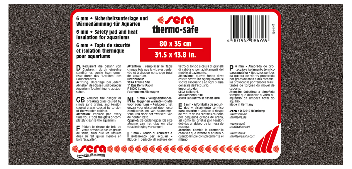 Коврик-подстилка под аквариум Sera Thermosafe, 80 x 35 смART-2251010 Коврик-подстилка под аквариум Sera Thermosafe, 80 x 35 смART-2251010Коврик-подстилка под аквариум Sera Thermosafe толщиной 6 мм используется для защиты дна аквариума от повреждений, вызванных неровностями подставки (песчинки, мелкие камни, искривления тумбы). Также служит в качестве тепловой изоляции, что позволяет экономить электроэнергию.