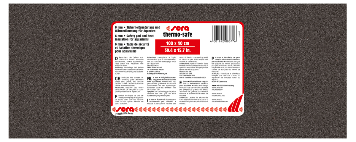 Коврик-подстилка под аквариум Sera Thermosafe, 100 x 40 смART-2251010 Коврик-подстилка под аквариум Sera Thermosafe, 100 x 40 смART-2251010Коврик-подстилка под аквариум Sera Thermosafe используется для защиты дна аквариума от повреждений, вызванных неровностями подставки (песчинки, мелкие камни, искривления тумбы). Также служит в качестве тепловой изоляции, что позволяет экономить электроэнергию.