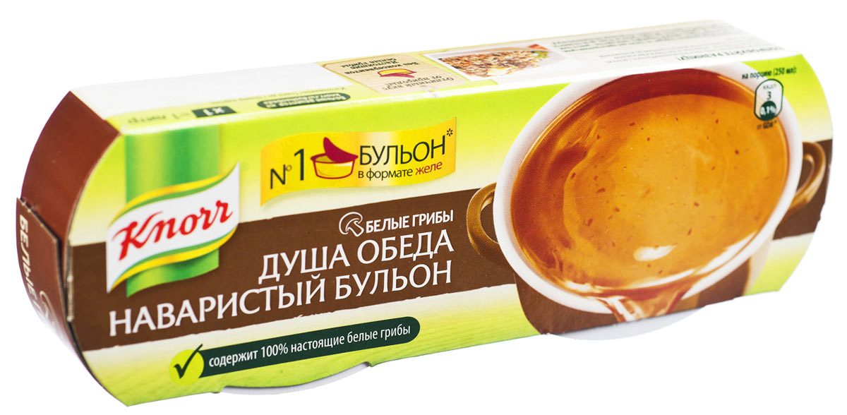 Knorr Приправа Душа обеда Белые грибы, 2 штуки по 28 г0120710 Knorr Приправа Душа обеда Белые грибы, 2 штуки по 28 г0120710Новый Кнорр Душа обеда Белые грибы — наваристый грибной бульон в желеобразной форме. Как и ваш домашний бульон, он сделан из отборных ингредиентов — ароматных белых грибов, овощей высокого качества, приготовленных путем долгого томления до желеобразной консистенции.Вы увидите, как легко он растворяется, отдавая супам и вторым блюдам настоящий аромат и вкус домашнего бульона из белых грибов! Попробуйте Кнорр Душа обеда для приготовления супов, овощей, мяса и гарниров.Кто же не любит питательный летний супчик из ароматных боровиков? Белый гриб неспроста называют царем грибов. Он не просто вкусный, но и славится множеством полезных свойств и питательных качеств. Но собирать грибы любит не каждый, да и сезон боровиков длится всего пару месяцев. А ведь знаменитый грибной бульон, который подавали еще к царскому столу, готовится именно из белых грибов!Найти свежие лесные грибы сложно не только в лесу, но и в магазинах. Засушенные на зиму боровики теряют свой неповторимый вкус и аромат. Поэтому профессиональные шеф-повара готовят желеобразный бульон из отборных белых и лесных грибов, сохраняя всю гамму вкуса и наваристость знаменитого супа. Блюда из боровиков — настоящие деликатесы, и желеобразный грибной бульон Knorr поможет вам приготовить праздничный обед в любое время года. Настоящие кусочки белых грибов в составе желе украсят первые и вторые блюда, а также добавят насыщенный грибной вкус любимым гарнирам.Уважаемые клиенты! Обращаем ваше внимание, что полный перечень состава продукта представлен на дополнительном изображении.