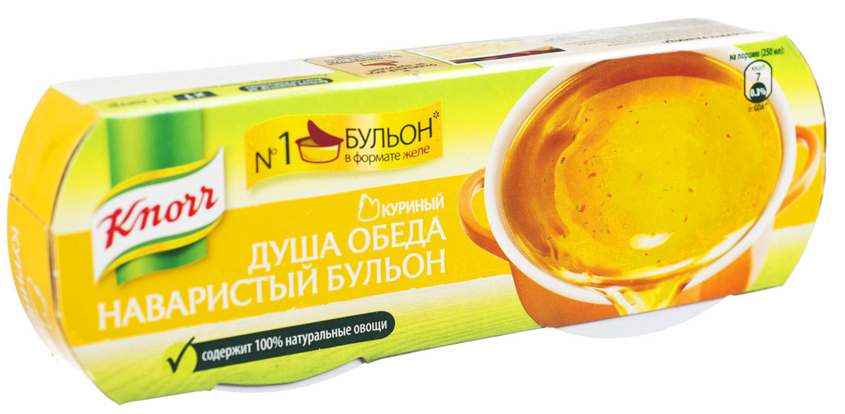 Knorr Приправа Бульон куриный желе, 2 штуки по 28 г0120710 Knorr Приправа Бульон куриный желе, 2 штуки по 28 г0120710Новый Кнорр Душа обеда — нежный куриный бульон в желеобразной форме. Он сделан из отборных ингредиентов — птицы и овощей высокого качества, приготовленных путем долгого томления до желеобразной консистенции.Добавьте его, когда Вы готовите суп, вместе с овощами (1 шт на 1 литр) — и Вы увидите, как легко он растворяется, отдавая блюду настоящий аромат и вкус домашнего куриного бульона. Попробуйте Кнорр Душа обеда также для приготовления овощей, мяса и гарниров.Как сохранить полезные свойства наваристого куриного бульона надолго, знали еще ваши бабушки. Точно так же, как при готовке холодца, желеобразная консистенция бульона создавалась при охлаждении благодаря варке куриного мяса на косточках. Традиционный способ желирования вкусных супов применялся задолго до появления первых холодильников и сохранял вкус и аромат только что сваренного блюда.Кнорр восстановили технологию долгого томления, которая из поколение в поколение передавалась в больших деревенских семьях. В качестве натурального консерванта используется соль, поэтому желеобразный бульон не обязательно хранить в холодильнике и можно взять в загородную поездку. При готовке такое желе отдает всю сочность и придает еде манящий аромат. Домашний вкус, созданный профессиональным шеф-поваром Knorr, позволяет современной хозяйке быстро приготовить качественные первые и вторые блюда, а также добавить насыщенного куриного вкуса любимым гарнирам.Уважаемые клиенты! Обращаем ваше внимание, что полный перечень состава продукта представлен на дополнительном изображении.