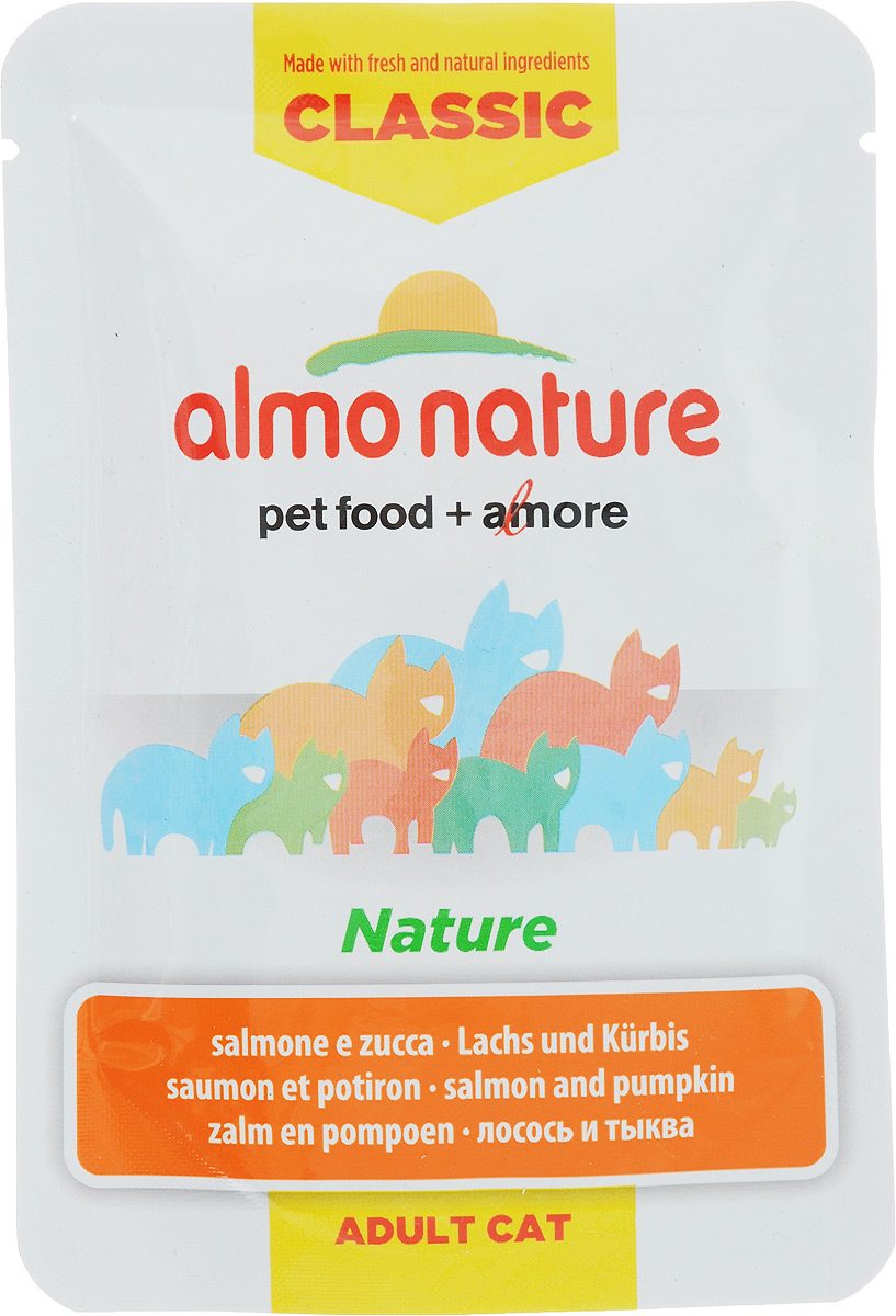 Консервы для кошек Almo Nature Classic, с лососем и тыквой, 55 г0120710 Консервы для кошек Almo Nature Classic, с лососем и тыквой, 55 г0120710Almo Nature - высококачественный консервированный корм, приготовленный по уникальной рецептуре. Корм содержит высококачественную рыбу, приготовленную в собственномбульоне с добавлением тыквы и риса. Бережная обработка продуктов без добавления химических или каких-либо других ингредиентов позволяет сохранить питательную ценность и первоначальный вкус.Особенности:- входящие в состав ингредиенты соответствуют стандарту Human Grade (качество как для людей);- превосходный аромат и восхитительный вкус;- высокая питательная ценность;- является натуральным источником воды и питательных веществ;- корм не содержит субпродукты, ГМО, антибиотиков, химических добавок, консервантов икрасителей.Состав: лосось 38%, бульон из лосося 47%, тыква 12%, рис 3%.Гарантированный анализ: Белки - 10%, Клетчатка - 0,1%, Жиры - 0,2%, Зола - 1,5%, Влажность - 87%.Калорийность - 332 ккал/кг.Товар сертифицирован.
