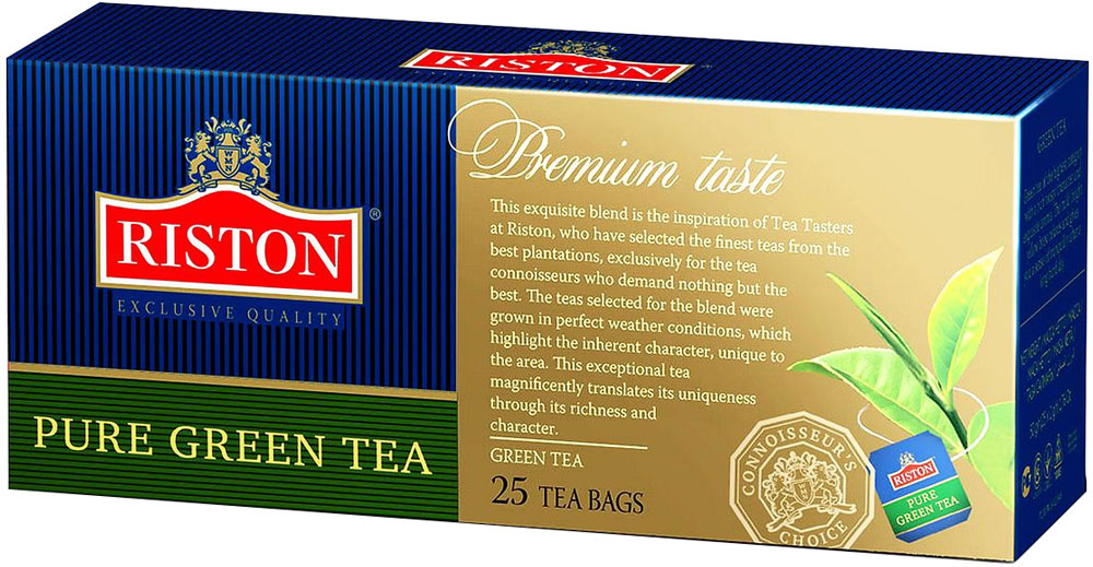 Riston Green зеленый чай в пакетиках, 25 шт101246 Riston Green зеленый чай в пакетиках, 25 шт101246Зеленый чай Riston высшей категории с насыщенным терпким вкусом и изысканным ароматом. Мягкий золотистый настой напитка помогает расслабиться и почувствовать отдохновение после длинного насыщенного дня.