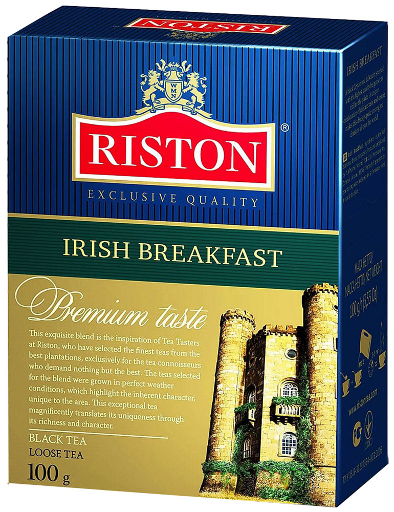Riston Ирландский Завтрак черный листовой чай, 100 г0120710 Riston Ирландский Завтрак черный листовой чай, 100 г0120710Изумительный цейлонский черный чай Riston Ирландский Завтрак, деликатно ароматизированный бергамотом, приятно возбуждает аппетит. Неповторимое сочетание изысканного вкуса и тонкого аромата делает этот напиток особенно популярным среди любителей чая во всем мире.