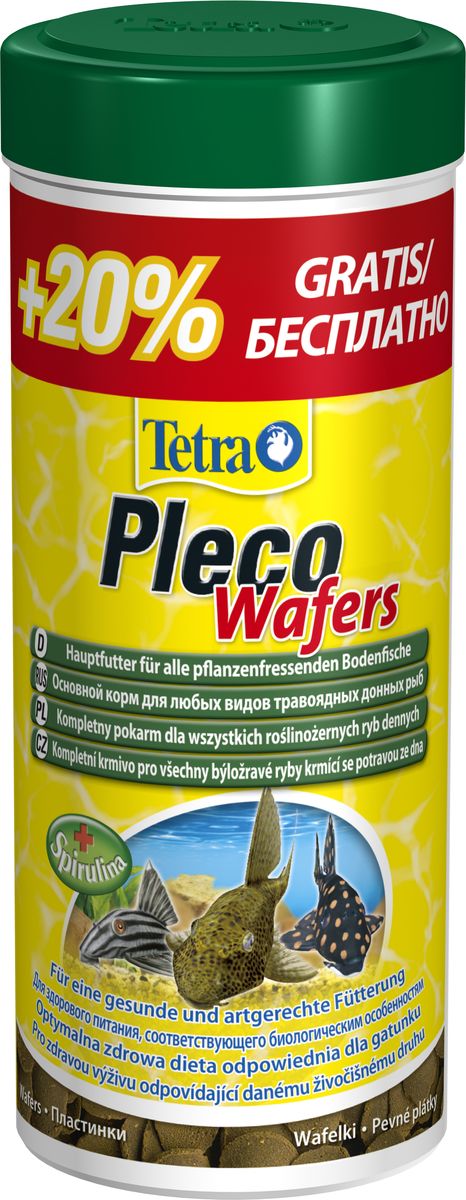 Корм Tetra Pleco Veggie Wafers, для сомиков-присосок, 300 мл0120710 Корм Tetra Pleco Veggie Wafers, для сомиков-присосок, 300 мл0120710Корм Tetra Pleco Veggie Wafers предназначен для травоядных сомиков-присосок и представляет собой плотные пластиночки, содержащие спирулину, необходимую для полноценного питания донных сомиков вида Анциструс и Плекостомус. При попадании в воду пластиночки медленно набухают и растворяются, предоставляя сомикам возможность питаться ими и не загрязнять при этом воду. Состав кормовых пластинок соответствует существующим требованиям донных сомиков. Рекомендуется для двух-трехразового ежедневного кормления.Товар сертифицирован.