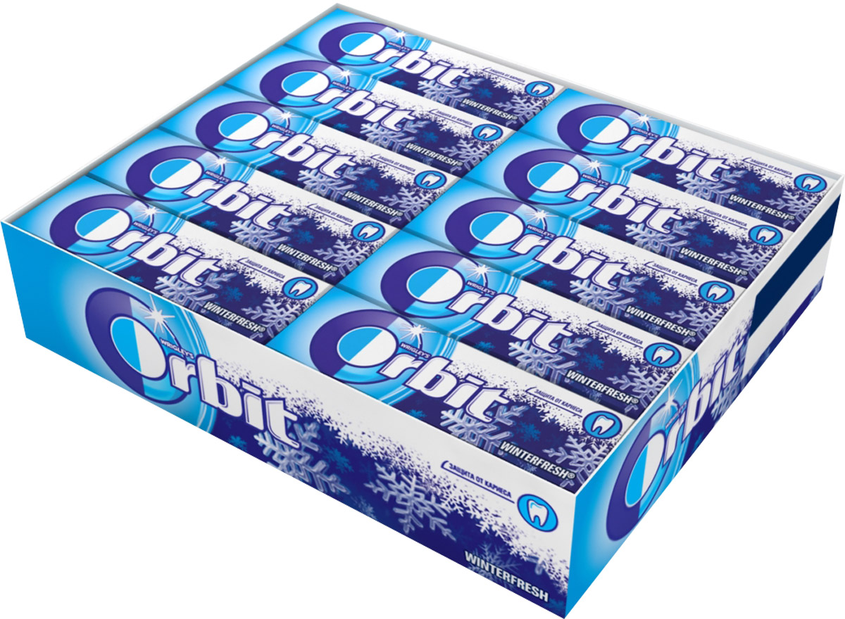 Orbit Winterfresh жевательная резинка без сахара, 30 пачек по 13,6 г0120710 Orbit Winterfresh жевательная резинка без сахара, 30 пачек по 13,6 г0120710Жевательная резинка Orbit без сахара способствует поддержанию здоровья зубов: удаляет остатки пищи, способствует уменьшению зубного налета, нейтрализует вредные кислоты, усиливает процесс реминерализации эмали. Употребление жевательной резинки каждый раз после еды способствует поддержанию чистоты и здоровья зубов в дополнение к уходу за ротовой полостью с помощью зубной щетки.