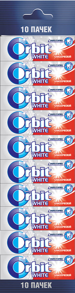 Orbit White Классический жевательная резинка без сахара, 10 пачек по 13,6 г0120710 Orbit White Классический жевательная резинка без сахара, 10 пачек по 13,6 г0120710Жевательная резинка Orbit White Классический без сахара способствует поддержанию здоровья зубов: удаляет остатки пищи, способствует уменьшению зубного налета, нейтрализует вредные кислоты, усиливает процесс реминерализации эмали.Употребление жевательной резинки каждый раз после еды способствует поддержанию чистоты и здоровья зубов в дополнение к уходу за ротовой полостью с помощью зубной щетки.Уважаемые клиенты! Обращаем ваше внимание, что полный перечень состава продукта представлен на дополнительном изображении.