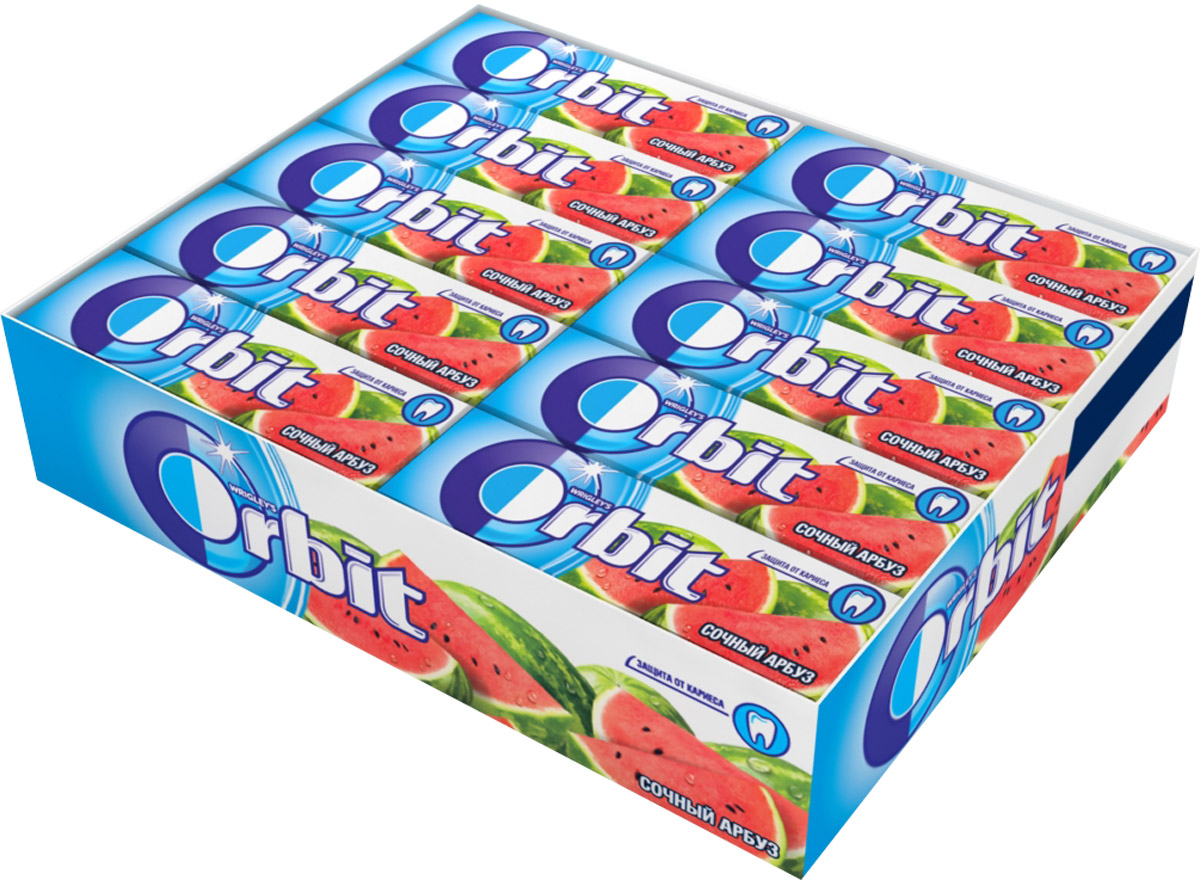 Orbit Сочный арбуз жевательная резинка без сахара, 30 пачек по 13,6 г0120710 Orbit Сочный арбуз жевательная резинка без сахара, 30 пачек по 13,6 г0120710Жевательная резинка Orbit Сочный арбуз без сахара способствует поддержанию здоровья зубов: удаляет остатки пищи, способствует уменьшению зубного налета, нейтрализует вредные кислоты, усиливает процесс реминерализации эмали.Употребление жевательной резинки каждый раз после еды способствует поддержанию чистоты и здоровья зубов в дополнение к уходу за ротовой полостью с помощью зубной щетки.Уважаемые клиенты! Обращаем ваше внимание, что полный перечень состава продукта представлен на дополнительном изображении.