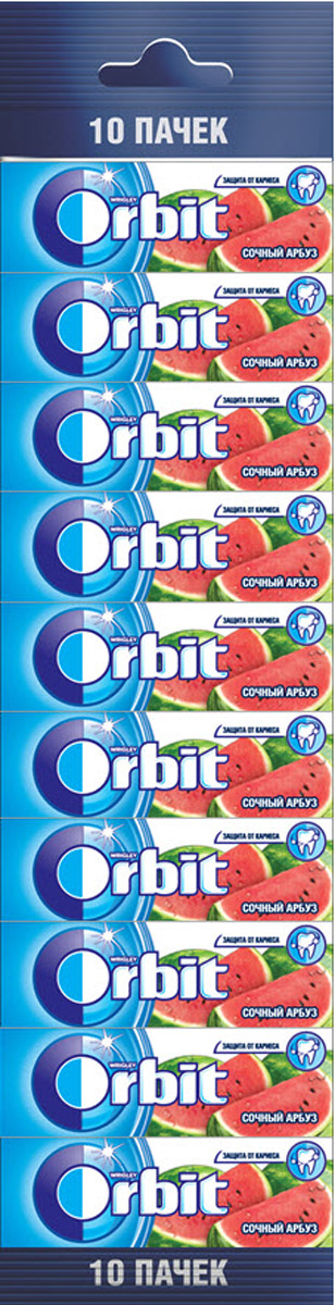 Orbit Сочный арбуз жевательная резинка без сахара, 10 пачек по 13,6 г0120710 Orbit Сочный арбуз жевательная резинка без сахара, 10 пачек по 13,6 г0120710Жевательная резинка Orbit Сочный арбуз без сахара способствует поддержанию здоровья зубов: удаляет остатки пищи, способствует уменьшению зубного налета, нейтрализует вредные кислоты, усиливает процесс реминерализации эмали.Употребление жевательной резинки каждый раз после еды способствует поддержанию чистоты и здоровья зубов в дополнение к уходу за ротовой полостью с помощью зубной щетки.