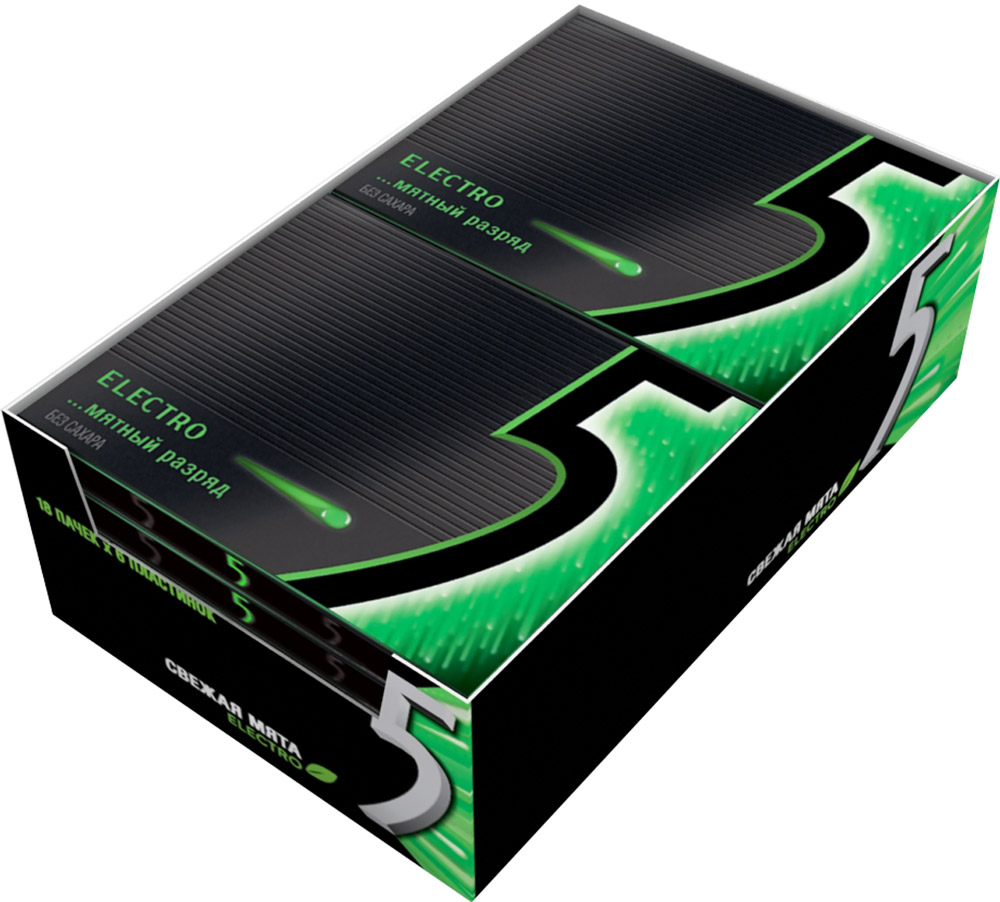 Wrigleys 5 Electro Мятный разряд жевательная резинка без сахара, 10 пачек по 31,2 г0120710 Wrigleys 5 Electro Мятный разряд жевательная резинка без сахара, 10 пачек по 31,2 г0120710Жевательная резинка Five Мятный разряд в формате пластинок со вкусом сладкой мяты. Обладает мягкой приятной текстурой и удивительно долгим вкусом, а стильная черная пачка легко помещается в кармане и в сумочке, не теряя форму.Содержит источник фенилаланина.