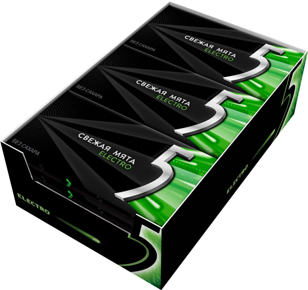 Wrigleys 5 Electro Свежая Мята жевательная резинка без сахара, 18 шт по 14,5 г0120710 Wrigleys 5 Electro Свежая Мята жевательная резинка без сахара, 18 шт по 14,5 г0120710Новая компактная упаковка Five по доступной цене! Жевательная резинка Five в формате пластинок со вкусом сладкой мяты. Обладает мягкой приятной текстурой и удивительно долгим вкусом, а стильная черная пачка легко помещается в кармане и в сумочке, не теряя форму.