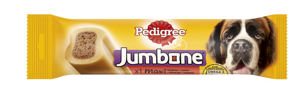 Лакомство для собак Pedigree Jumbone Maxi, с говядиной, 210 г0120710 Лакомство для собак Pedigree Jumbone Maxi, с говядиной, 210 г0120710Вкусное жевательное лакомство Pedigree Jumbone Maxi доставит вашему питомцу удовольствие и позаботится о его здоровье. Лакомство представляет собой большую косточку с натуральным вкусом говядины. В состав лакомства входят витамины и микроэлементы, которые помогут поддерживать зубы, кожу и шерсть вашей собаки в отличном состоянии. Не содержит искусственных красителей и ароматизаторов.Характеристики: Состав: злаки, продукты растительного происхождения, сахара, мясо и субпродукты (в том числе 4% говядины), минералы, растительные белковые экстракты, масла и жиры, семена и травы. Пищевая ценность на 100 г: белок - 7 г, жир - 1,5 г, зола - 4 г, клетчатка - 2,5 г, влажность - 15 г, кальций 0,6 г, омега 3 жирные кислоты - 56,7 мг, Витамин А - 503МЕ, Витамин Е - 5,04 мг, сульфат железа - 4,67 мг.Энергетическая ценность на 100 г: 298 ккал.Вес: 210 г.Товар сертифицирован.