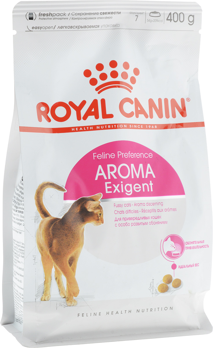 Корм сухой Royal Canin Exigent 33 Aromatic Attraction, для кошек, привередливых к аромату продукта, 400 г0120710 Корм сухой Royal Canin Exigent 33 Aromatic Attraction, для кошек, привередливых к аромату продукта, 400 г0120710Сухой корм Royal Canin Exigent 33 Aromatic Attraction - это полнорационный сбалансированный корм для очень привередливых взрослых кошекв возрасте старше 1 года. Узнайте пищевые предпочтения вашей кошки!Наличие индивидуальных пищевых предпочтений означает, что каждая кошка по-своему интерпретирует аромат, текстуру, вкус корма и ощущения после его потребления. Каждый продукт семейства Exigent, помимо вкусовых качеств, обладает также рядом других оригинальных, специфических свойств.Чувствительность к аромату.Корм Aromatic attraction (Ароматик эттрэкшн) с оригинальным высокопривлекательным ароматическим комплексом, созданным на основе натуральных ингредиентов. Это рацион высокой питательной ценности для привередливых кошек.Поддержание идеального веса.Особая рецептура корма обладает умеренной калорийностью, что помогает поддерживать идеальный вес кошки.Забота о красоте шерсти.Комплекс активных питательных веществ, включающий биотин и масло огуречника аптечного, способствует красоте шерсти кошки.Состав: кукуруза, дегидратированное мясо рыбы, животные жиры, пшеница, кукурузная клейковина, изолятрастительных белков, гидролизат белков животного происхождения, дегидратированное мясо птицы,растительная клетчатка, свекольный жом, соевое масло, минеральные вещества, фосфат натрия, маслоогуречника аптечного. Добавки (в 1 кг): Питательные добавки: витамин A: 24300 МЕ, витамин D3: 900 МЕ, E1 (железо): 46 мг, E2 (йод): 3,6 мг,E5 (марганец): 60 мг, E6 (цинк): 197 мг, E8 (селен): 0,08 мг. Консервант: сорбат калия, антиокислители: пропилгаллат,БГА. Содержание питательных веществ: Белки 33%, жиры 15%, минеральные вещества 7,5%, клетчатка пищевая 3%, медь15 мг/кг.Товар сертифицирован.
