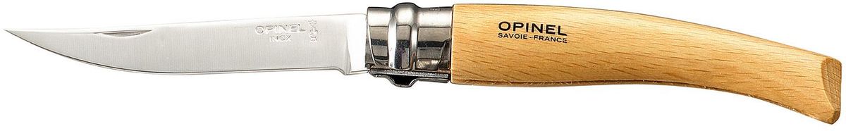 Нож филейный Opinel Slim №08, длина клинка 8 см, цвет: светло-коричневый. 000516000516 Нож филейный Opinel Slim №08, длина клинка 8 см, цвет: светло-коричневый. 000516000516Нож филейный Opinel изготовлен из нержавеющей стали с рукояткой из бука. Лезвие с матовой полировкой. Идеальный карманный нож для пикника, барбекю, походов, охоты и рыбалки.Характеристики. Материал лезвия: сталь Sandvik 12C27. Материал рукояти: бук. Тип ножевого замка: Viroblock. Приспособление для открытия клинка: насечка на лезвии. Длина лезвия, см: 8. Длина ножа, см: 18,5. Ширина лезвия, см: 1,57. Длина в сложенном положении, см: 10,6. Вес, гр: 30. Viroblock - оригинальное запорное устройство, представляющее собой кольцо с прорезью, которое, будучи повернуто относительно оси ножа, упирается в пятку клинка и не дает ножу самопроизвольно складываться при работе или раскладываться в кармане. Конструкция эта защищена патентом и устанавливается на ножи Opinel с 1955 года, начиная с модели № 6. Французская форма Opinel - производитель ножей с 1890 года. Удачная конструкция ножей обеспечила фирме не только длительное существование, но и всемирную славу. Ножи Opinel являются символом Франции. Классический нож этого типа - рукоять из дерева, металлическая втулка, ось, клинок и поворотное кольцо. Такая простота наряду с малой ценой и отличным качеством - вот рецепт успеха этих ножей. Наиболее распространены ножи с поворотным кольцом, которое фиксирует клинок в двух положениях.