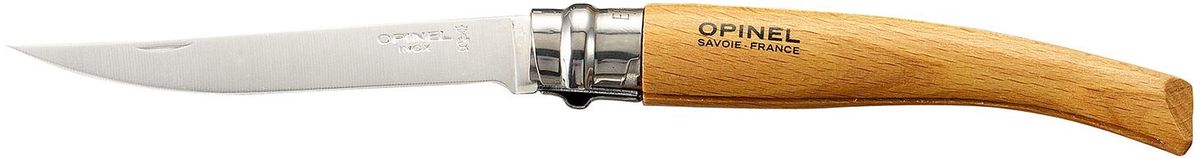 Нож филейный Opinel Slim №10, длина клинка 10 см, цвет: светло-коричневый. 000517000517 Нож филейный Opinel Slim №10, длина клинка 10 см, цвет: светло-коричневый. 000517000517Нож филейный Opinel изготовлен из нержавеющей стали с рукояткой из бука с матовой полировкой. Идеальный карманный нож для пикника, барбекю, походов, охоты и рыбалки.Характеристики. Материал лезвия: сталь Sandvik 12C27. Материал рукояти: бук. Тип ножевого замка: Viroblock. Приспособление для открытия клинка: насечка на лезвии. Длина лезвия, см: 10. Длина ножа, см: 22,5. Ширина лезвия, см: 1,68. Длина в сложенном положении, см: 12,5. Вес, гр: 40. Viroblock - оригинальное запорное устройство, представляющее собой кольцо с прорезью, которое, будучи повернуто относительно оси ножа, упирается в пятку клинка и не дает ножу самопроизвольно складываться при работе или раскладываться в кармане. Конструкция эта защищена патентом и устанавливается на ножи Opinel с 1955 года, начиная с модели № 6. Французская форма Opinel - производитель ножей с 1890 года. Удачная конструкция ножей обеспечила фирме не только длительное существование, но и всемирную славу. Ножи Opinel являются символом Франции. Классический нож этого типа - рукоять из дерева, металлическая втулка, ось, клинок и поворотное кольцо. Такая простота наряду с малой ценой и отличным качеством - вот рецепт успеха этих ножей. Наиболее распространены ножи с поворотным кольцом, которое фиксирует клинок в двух положениях.