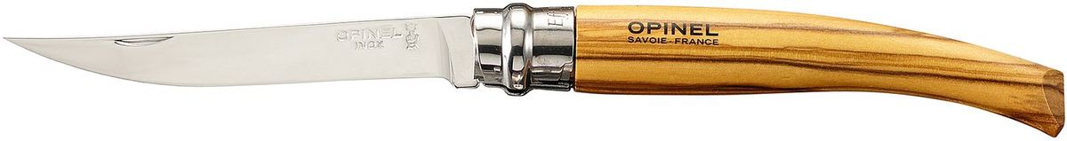Нож филейный Opinel Slim №10, длина клинка 10 см, цвет: светло-коричневый. 00064567742 Нож филейный Opinel Slim №10, длина клинка 10 см, цвет: светло-коричневый. 00064567742Нож Opinel №10, филейный, нержавеющая сталь, рукоять - олива.Идеальный карманный нож для пикника, барбекю, походов, охоты и рыбалки.Характеристики ножа:Материал лезвия: сталь Sandvik 12C27Полировка лезвия: зеркальнаяМатериал рукояти: оливковое деревоТип ножевого замка: ViroblockПриспособление для открытия клинка: насечка на лезвииДлина лезвия, см: 10Длина ножа, см: 22,5Ширина лезвия, см: 1,68Длина в сложенном положении, см: 12,5Вес, гр: 40Вес ножа с упаковкой, гр: 46Viroblock - оригинальное запорное устройство, представляющее собой кольцо с прорезью, которое, будучи повернуто относительно оси ножа, упирается в пятку клинка и не доет ножу самопроизвольно складываться при работе или раскладываться в кармане. Конструкция эта защищена патентом и устанавливается на ножи Opinel с 1955 года, начиная с модели n° 6.