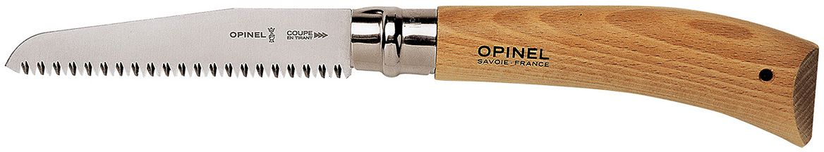 Нож-пила Opinel Nature №12, длина клинка 12 см000658 Нож-пила Opinel Nature №12, длина клинка 12 см000658Нож-пила Opinel изготовлен из углеродистой стали с антикоррозийным покрытием. Складной нож-пила Opinel будет полезен не только в саду, но и в походе. При относительно небольших размерах нож-пила Opinel легко справляется с ветками, сучьями, стволами небольших деревьев диаметром до 8 см. Как и все ножи Opinel, нож-пила данного производителя имеет ножевой замок Viroblock.Характеристики. Материал лезвия: сталь XC90 Carbon. Материал рукояти: бук. Тип ножевого замка: Viroblock. Длина лезвия, см: 12. Длина ножа, см: 28. Ширина лезвия, см: 2,5. Длина в сложенном положении, см: 16,5. Вес, гр: 110. Viroblock - оригинальное запорное устройство, представляющее собой кольцо с прорезью, которое, будучи повернуто относительно оси ножа, упирается в пятку клинка и не дает ножу самопроизвольно складываться при работе или раскладываться в кармане. Конструкция эта защищена патентом и устанавливается на ножи Opinel с 1955 года, начиная с модели № 6. Французская форма Opinel - производитель ножей с 1890 года. Удачная конструкция ножей обеспечила фирме не только длительное существование, но и всемирную славу. Ножи Opinel являются символом Франции. Классический нож этого типа - рукоять из дерева, металлическая втулка, ось, клинок и поворотное кольцо. Такая простота наряду с малой ценой и отличным качеством - вот рецепт успеха этих ножей. Наиболее распространены ножи с поворотным кольцом, которое фиксирует клинок в двух положениях.
