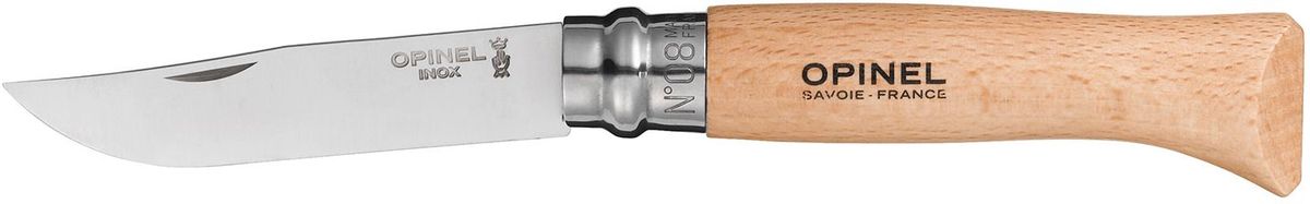 Нож Opinel Tradition №08, длина клинка 8,5 см, цвет: светло-коричневый001089 Нож Opinel Tradition №08, длина клинка 8,5 см, цвет: светло-коричневый001089Нож Opinel изготовлен из нержавеющей стали, рукоятка - из натурального дерева бука. Рукоять дополнена практичным темляком.Идеальный карманный нож для пикника, барбекю, походов, охоты и рыбалки. Характеристики. Материал лезвия: сталь Sandvik 12C27. Материал рукояти: бук. Тип ножевого замка: Viroblock. Приспособление для открытия клинка: насечка на лезвии. Длина лезвия, см: 8,5. Длина ножа, см: 19. Ширина лезвия, см: 1,73. Длина в сложенном положении, см: 11. Вес, гр: 48. Viroblock - оригинальное запорное устройство, представляющее собой кольцо с прорезью, которое, будучи повернуто относительно оси ножа, упирается в пятку клинка и не дает ножу самопроизвольно складываться при работе или раскладываться в кармане. Конструкция эта защищена патентом и устанавливается на ножи Opinel с 1955 года, начиная с модели № 6. Французская форма Opinel - производитель ножей с 1890 года. Удачная конструкция ножей обеспечила фирме не только длительное существование, но и всемирную славу. Ножи Opinel являются символом Франции. Классический нож этого типа - рукоять из дерева, металлическая втулка, ось, клинок и поворотное кольцо. Такая простота наряду с малой ценой и отличным качеством - вот рецепт успеха этих ножей. Наиболее распространены ножи с поворотным кольцом, которое фиксирует клинок в двух положениях.