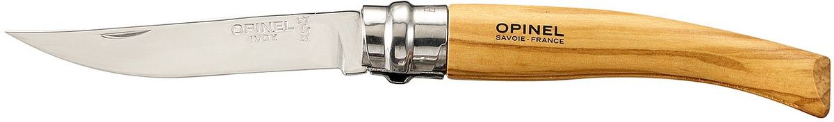 Нож филейный Opinel Slim №08, длина клинка 8 см, цвет: светло-коричневый. 001144001144 Нож филейный Opinel Slim №08, длина клинка 8 см, цвет: светло-коричневый. 001144001144Нож филейный Opinel изготовлен из нержавеющей стали с рукояткой из дерева оливы с зеркальной полировкой. Идеальный карманный нож для пикника, барбекю, походов, охоты и рыбалки.Характеристики. Материал лезвия: сталь Sandvik 12C27. Материал рукояти: олива. Тип ножевого замка: Viroblock. Приспособление для открытия клинка: насечка на лезвии. Длина лезвия, см: 8. Длина ножа, см: 18,5. Ширина лезвия, см: 1,57. Длина в сложенном положении, см: 10,6. Вес, гр: 30. Viroblock - оригинальное запорное устройство, представляющее собой кольцо с прорезью, которое, будучи повернуто относительно оси ножа, упирается в пятку клинка и не дает ножу самопроизвольно складываться при работе или раскладываться в кармане. Конструкция эта защищена патентом и устанавливается на ножи Opinel с 1955 года, начиная с модели № 6. Французская форма Opinel - производитель ножей с 1890 года. Удачная конструкция ножей обеспечила фирме не только длительное существование, но и всемирную славу. Ножи Opinel являются символом Франции. Классический нож этого типа - рукоять из дерева, металлическая втулка, ось, клинок и поворотное кольцо. Такая простота наряду с малой ценой и отличным качеством - вот рецепт успеха этих ножей. Наиболее распространены ножи с поворотным кольцом, которое фиксирует клинок в двух положениях.