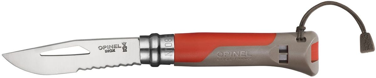 Нож Opinel Specialists. Outdoor №08, длина клинка 8,5 см, цвет: красныйWS 7064 Нож Opinel Specialists. Outdoor №08, длина клинка 8,5 см, цвет: красныйWS 7064Нож Opinel OUTDOOR №8, нержавеющая сталь, красный, с темляком.Нож серии Outdoor идеален для походов, альпинизма, спелеотуризма, каньонинга, парапланеризма, парусного и других водных видов спорта. Клинок из модифицированной нержавеющей стали Sandvik 12C27, сверхжесткий и острый, с серрейтором (3,5 см) для резки тросов и ключом для такелажных скоб. Рукоятка выполнена из материалов устойчивых к экстремальным температурам (от -40°С до +80°С) и ударам. На рукоятке спасательный свисток, который работает в любую погоду (+110 дБ).Характеристики ножа:Материал лезвия: сталь Sandvik 12C27Материал рукояти: пластик, два цвета красный и серыйТип ножевого замка: ViroblockПриспособление для открытия клинка: насечка на лезвииДлина лезвия, см: 8,5Длина ножа, см: 19Ширина лезвия, см: 1,98Длина в сложенном положении, см: 11Вес, гр: 62Вес ножа с упаковкой, гр: 115Viroblock - оригинальное запорное устройство, представляющее собой кольцо с прорезью, которое, будучи повернуто относительно оси ножа, упирается в пятку клинка и не доет ножу самопроизвольно складываться при работе или раскладываться в кармане. Конструкция эта защищена патентом и устанавливается на ножи Opinel с 1955 года, начиная с модели n° 6.