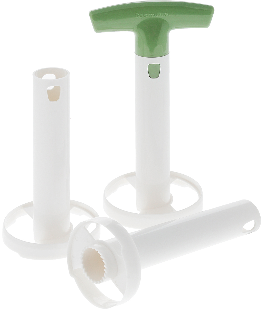 Нож для нарезки ананаса Tescoma Handy, с 3 лезвиями94672 Нож для нарезки ананаса Tescoma Handy, с 3 лезвиями94672Нож Tescoma Handy, выполненный из высококачественного пластика, поможет быстро и легко получить аккуратные ломтики тропического фрукта без кожуры и жесткой сердцевины. Он вкручивается как отвертка, отделяя мякоть и сердцевину. В комплект входят 3 сменных лезвия для маленьких, средних и больших ананасов.Отделенная кожура может использоваться для сервировки коктейля, десерта или фруктового салата.Можно мыть в посудомоечной машине.Высота изделия: 23,5 см. Диаметр рабочей части (размер L): 9,5 см.Диаметр рабочей части (размер M): 8,5 см.Диаметр рабочей части (размер S): 7,5 см.