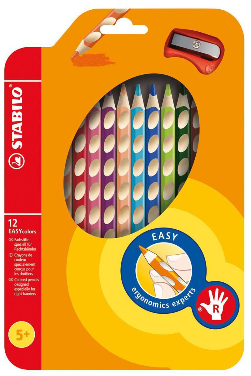 Набор цветных карандашей Stabilo Easycolors для правшей, 12 цветов72523WD Набор цветных карандашей Stabilo Easycolors для правшей, 12 цветов72523WDПреимущества карандашей STABILO EASYcolors. Специальные углубления на корпусе карандаша подсказывают ребенку как располагать большой и указательный пальцы, прививая первоначальный навык правильно держать пишущий инструмент. Расположение углубление по всей длине корпуса обеспечивает правильное удержание карандаша ребенком при письме и рисовании даже после заточки карандаша. С течением времени навык автоматически закрепляется в памяти ребенка, позволяя ему быстрее и легче адаптироваться к процессу обучения письму, освоить правильную технику письма и сделать письмо красивым и быстрым.Создают максимальный комфорт для ребенка - трехгранная форма карандаша соответствует естественному захвату руки, уменьшая мышечные усилия, необходимые для его удержания, - ребенок может рисовать длительное время без ощущения усталости. Утолщенная форма корпуса облегчает удержание карандашей детьми с недостаточно развитой мелкой моторикой руки. Карандаши разработаны с учетом особенностей строения руки ребенка и имеют две версии: для правшей и для левшей, обеспечивая им одинаково комфортное письмо. Рекомендуются в начале обучения рисованию и письму.Мягкий грифель легко рисует на бумаге, не царапая ее и не крошась, и оставляет яркий след без каких-либо усилий Утолщенный грифель диаметром 4,5 мм не нуждается в постоянном затачивании, так как имеет повышенную стойкость к поломкам. 12 ярких насыщенных цветов, карандаши можно подписать.Карандаши являются обладателями Европейского сертификата качества (маркировка на корпусе СЕ), что подтверждает их высочайшее качество и безопасность для здоровья.