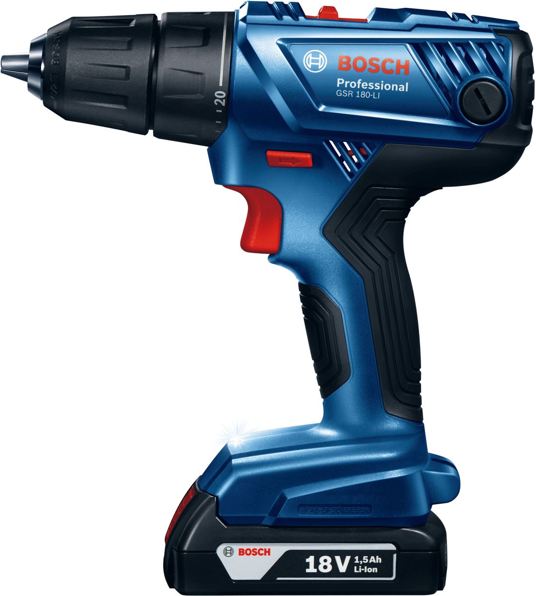 Аккумуляторная дрель-шуруповерт Bosch GSR 180-Li 1.5 А/ч, 2 акк., 06019F812072/14/13 Аккумуляторная дрель-шуруповерт Bosch GSR 180-Li 1.5 А/ч, 2 акк., 06019F812072/14/13Технические характеристики:Число оборотов холостого хода (1-я/2-я скорость): 0 – 450 / 0 – 1700 об/минНапряжение аккумулятора: 18 ВЧисло ступеней крутящего момента: 20Патрон 13 мм - позволяет работать алмазными сверлами с хвостовиком 13 ммМакс. крутящий момент (жесткое/мягкое заворачивание): 54 / 21 НмBosch Electronic Cell Protection (ECP): система защиты аккумулятора от перегрузки, перегрева и глубокого разрядаLED подсветкаУзкая рукоятка снижает усталость при работеМасса с аккумулятором: 1.59 кгКомплектация:Быстрозарядное устройствоКейс2 аккумулятора Li-Ion емкостью 1,5 А/ч