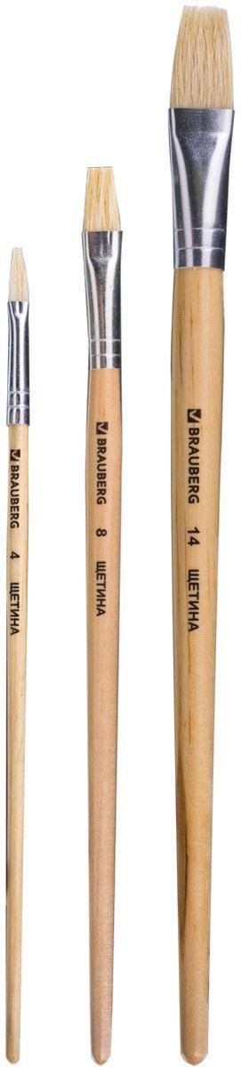 Brauberg Набор кистей №4, 8, 14 3 штFS-00897 Brauberg Набор кистей №4, 8, 14 3 штFS-00897Набор кистей Brauberg идеально подойдет для художественных, декоративно-оформительских работ и детского творчества. Ворс кисти изготовлен из натуральной щетины.В набор входят плоские кисти №4, 8 и 14.
