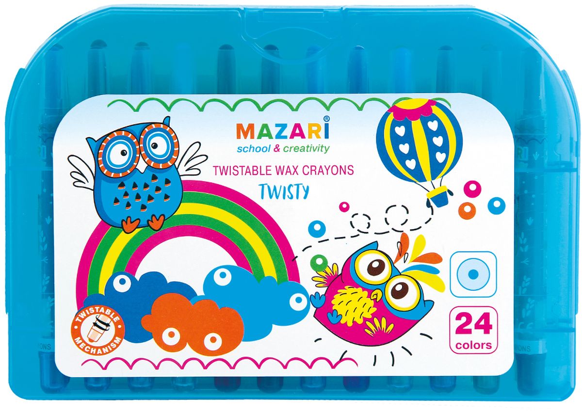 Mazari Мелки восковые Twisty 24 цвета0775B001 Mazari Мелки восковые Twisty 24 цвета0775B001Набор Mazari Twisty содержит 24 мелка ярких насыщенных цветов. Каждый мелок имеет круглую форму с поворотным механизмом. Мелки обеспечивают удивительно мягкое письмо, позволяющее легко закрашивать большие площади. Мелки предназначены для рисования по бумаге, картону, керамике, дереву. Не токсичны и абсолютно безопасны для детей. Все мелки аккуратно сложены в пластиковый чемоданчик.Восковые мелки Mazari откроют юным художникам новые горизонты для творчества, а также помогут отлично развить мелкую моторику рук, цветовое восприятие, фантазию и воображение, способствуют самовыражению.