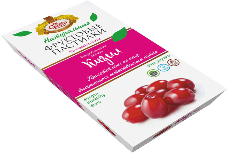 te Gusto Фруктовые пастилки из кизила, 90 г0120710 te Gusto Фруктовые пастилки из кизила, 90 г0120710Фруктовые пастилки te Gusto без ГМО, глютена, сои, сахара, фруктозы, красителей, усилителей вкуса, загустителей. В составе только один ингредиент – плод, выращенный в экологически чистом районе. Пастилки изготовлены методом солнечной сушки, без консервантов.Особый способ измельчения плодов позволяет сохранить витамины в первозданном виде. Данный продукт создан для людей, ведущих здоровый образ жизни и уделяющих большое внимание своему питанию. Для спортсменов это полезный и питательный перекус, для вегетарианцев – сладость, не содержащая продуктов животного происхождения, для детей – натуральное лакомство, которое единожды попробовав, они предпочитают шоколадкам, и для всех, вне зависимости от возраста и систем питания – здоровый продукт без красителей, консервантов и подсластителей.Кизил - это невероятно целебные ягоды. По содержанию аскорбиновой кислоты кизилу уступает даже чёрная смородина. Тонизирует и придаёт силы, снимает головную боль, улучшает аппетит, снимает жар.