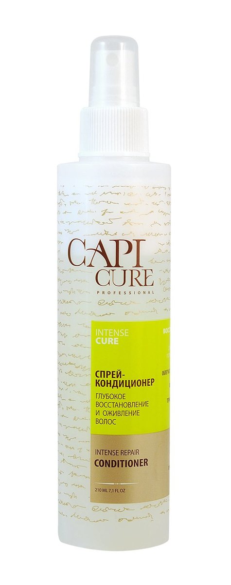 CapiCure Спрей-кондиционер Глубокое восстановление и Оживление волос, 210 млMP59.4D CapiCure Спрей-кондиционер Глубокое восстановление и Оживление волос, 210 млMP59.4DCapiCure – это система комплексного восстановления волос после длительных и агрессивных повреждений. Все продукты серии предназначены и максимально эффективны для глубинного восстановления волос, дополняют действие друг друга и обеспечивают стойкий результат - увлажненные, живые и блестящие волосы. Благодаря использованию инновационных высокоактивных компонентов и сочетанию двух разных фаз, спрей-кондиционер CapiCure великолепно совмещает в себе несколько функций: Прекрасно кондиционирует волосы, облегчает их расчесывание и укладку, помогает структурировать прическу. Препятствует образованию статического электричества. Термозащитная формула спрея защищает волосы при сушке феном и укладке утюжком. С помощью активных ухаживающих и восстанавливающих компонентов оживляет и восстанавливает безжизненные тусклые волосы. Низкомолекулярный активный комплекс с протеинами сои проникает в структуру волоса, восстанавливая поврежденные участки, насыщая волосы необходимыми микроэлементами и аминокислотами и защищая от воздействия окружающей среды. Комплекс растительных компонентов восстанавливает нормальную жизнедеятельность луковиц, питает волосы по всей длине от корня до кончика, добавляет им эластичности и блеска.