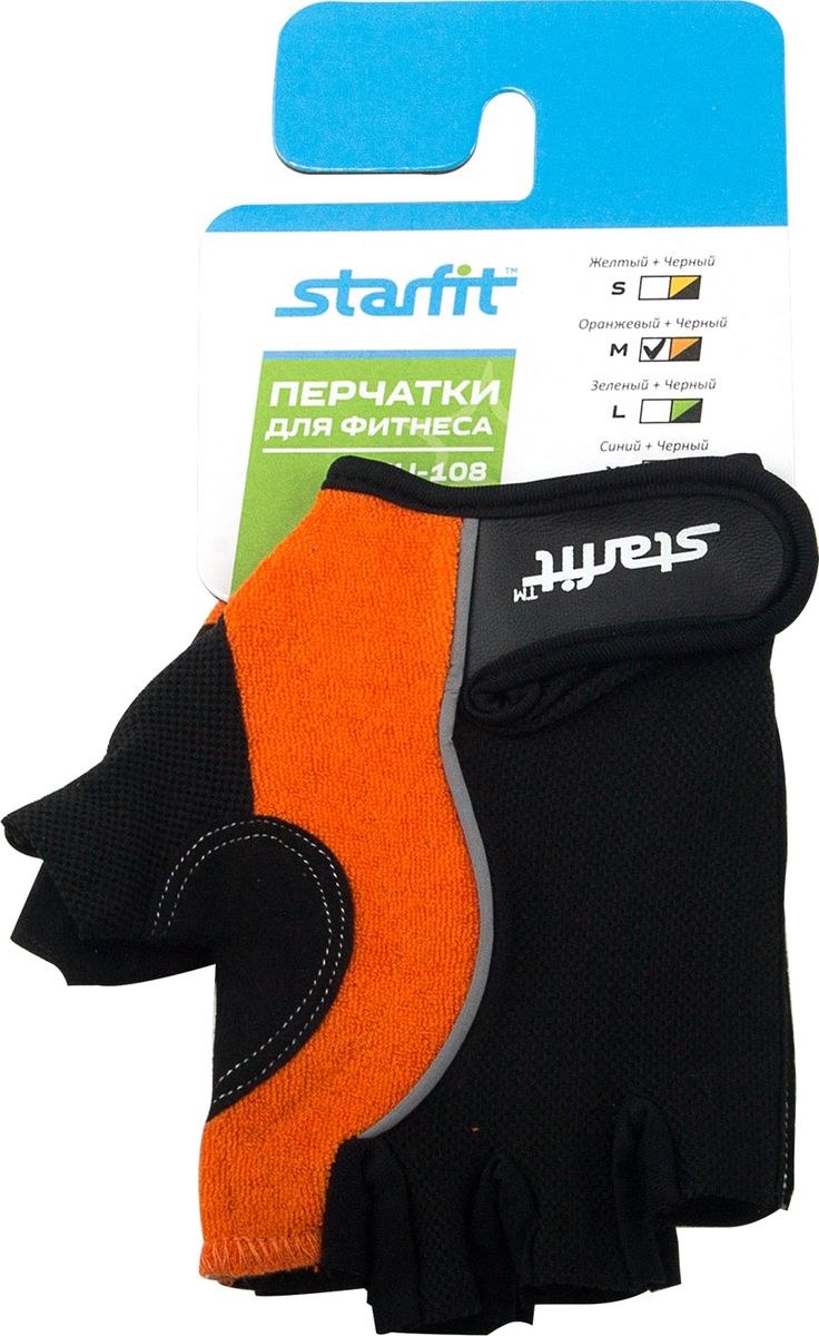 Перчатки для фитнеса Starfit SU-108, цвет: оранжевый, черный. Размер M0003954 Перчатки для фитнеса Starfit SU-108, цвет: оранжевый, черный. Размер M0003954Перчатки для фитнеса Star Fit SU-108 необходимы для безопасной тренировки со снарядами (грифы, гантели), во время подтягиваний и отжиманий. Они минимизируют риск мозолей и ссадин на ладонях. Перчатки выполнены из нейлона, натуральной кожи, полиэстера и эластана. В рабочей части имеется вставка из тонкого поролона, обеспечивающего комфорт при тренировках.