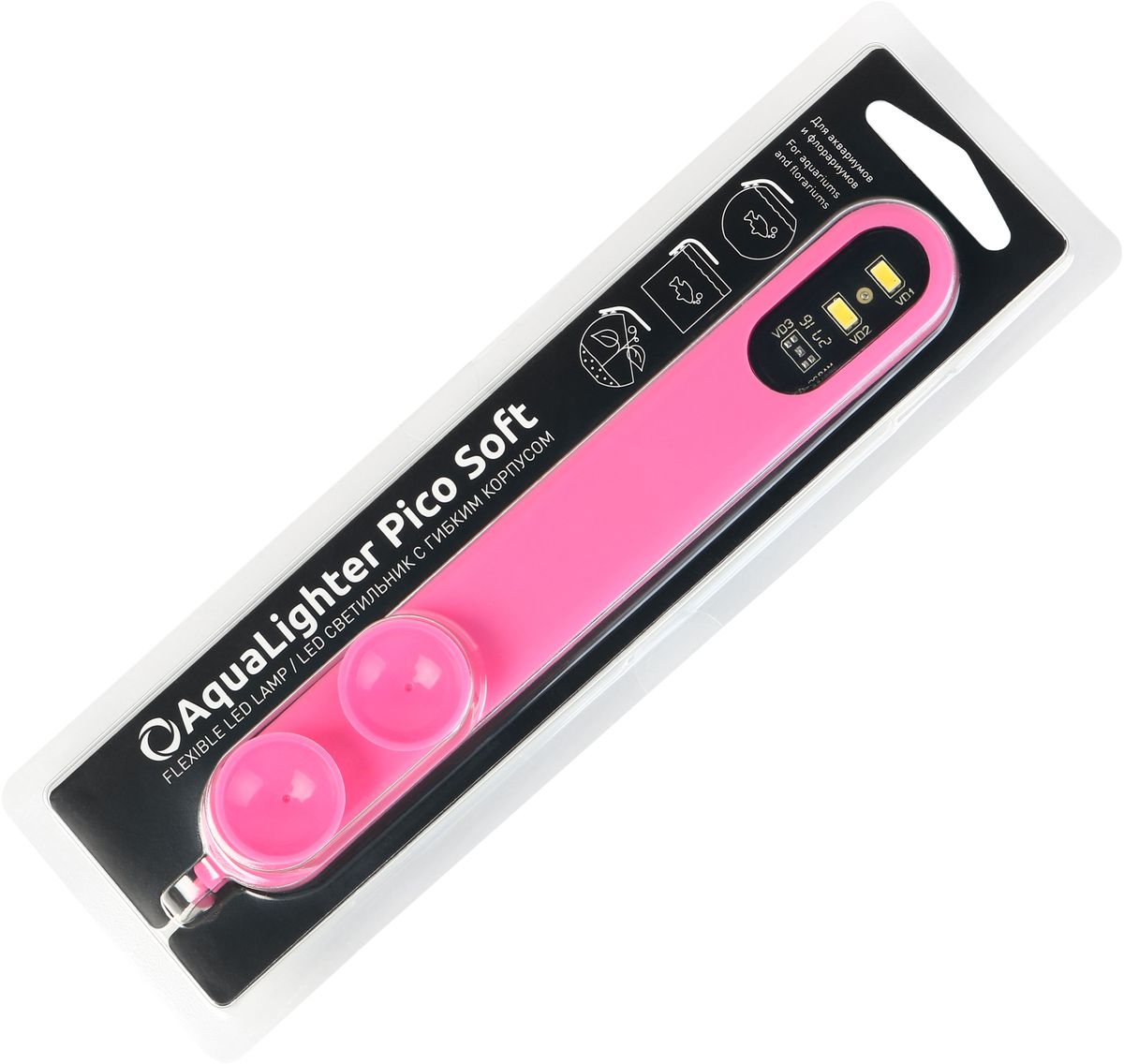 Светильник для аквариума AquaLighter Pico Soft LED, цвет: розовый, 10 л0120710 Светильник для аквариума AquaLighter Pico Soft LED, цвет: розовый, 10 л0120710Светодиодный светильник с гибким корпусом AquaLighter Pico Soft служит для освещения пресноводных аквариумов объемом до 10 литров (а также круглых аквариумов до 30 литров). В качестве источника освещения в светильнике используются сверхъяркие светодиоды OSRAM (Германия).AquaLighter Pico Soft - лучшее решение для содержания нетребовательных растений, креветок и рыб, типа данио-рерио, петушков и др., а также для освещения флорариумов.