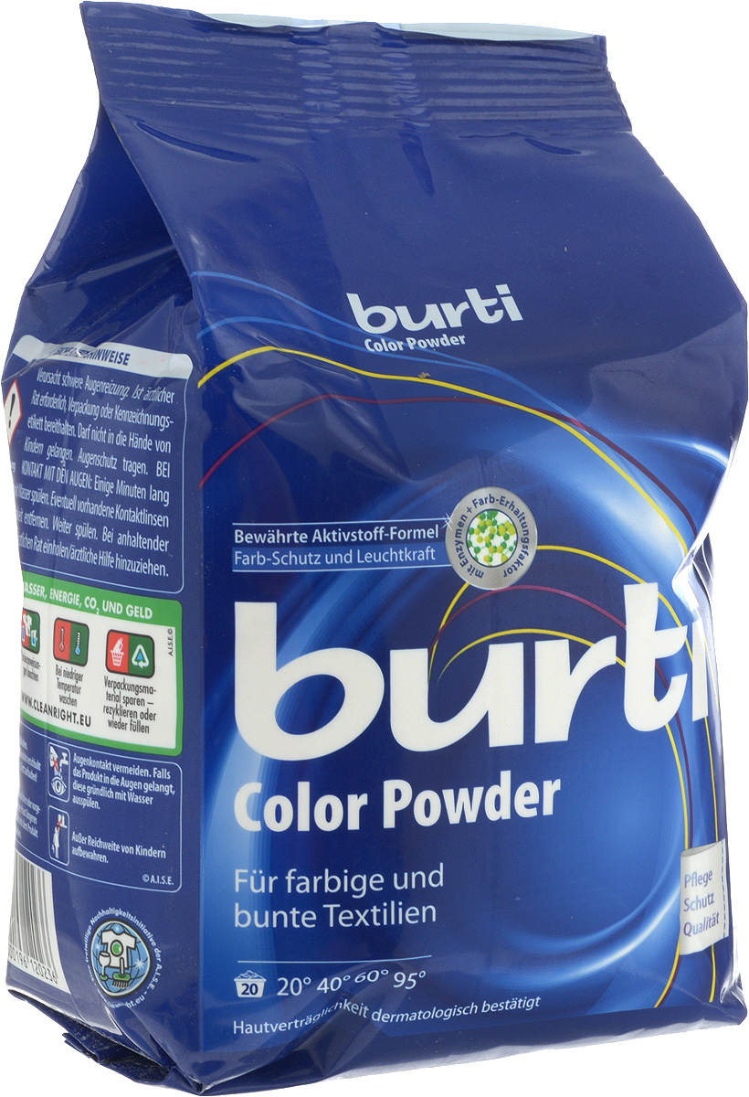 Стиральный порошок Burti Color, для цветного белья, 1,5 кг106-026 Стиральный порошок Burti Color, для цветного белья, 1,5 кг106-026Burti Color - великолепный стиральный порошок для ухода за цветным бельем. Burti Color благодаря самым современным комбинациям поверхностно-активных веществ заботится о безупречной чистоте белья. Порошок имеет тройную систему защиты цвета и систему защиты от известкового налета. Порошок обладает системой анти-пилинг, которая предотвращает образование катышков, портящих вид ткани. Burti Color не содержит фосфатов, дерматологически тестирован, гигиеничен и гипоаллергенен. Товар сертифицирован.