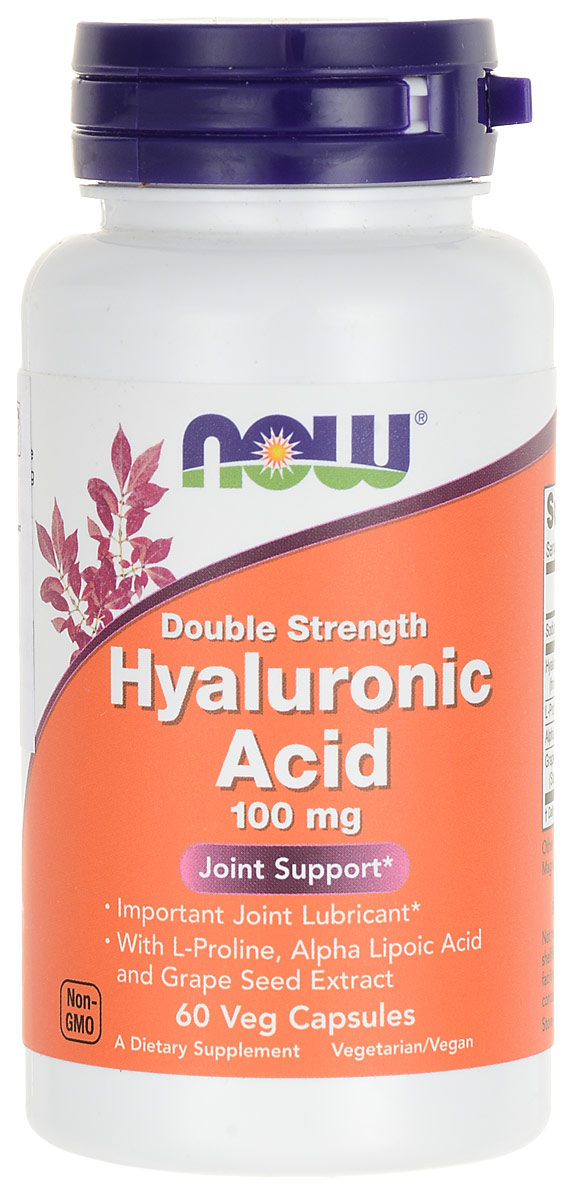 Средство для кожи Now Foods Nutrition Hyaluronic Acid, 100 мг, 60 капсулХот Шейперс Средство для кожи Now Foods Nutrition Hyaluronic Acid, 100 мг, 60 капсулХот ШейперсВ состав биодобавки Now Foods Nutrition Hyaluronic Acid входит гиалуроновая кислота, которая является важным компонентом всей соединительной ткани организма, а главным образом находится в хрящах и связках. Применение этого вещества очень хорошо помогает восстанавливать и улучшать состояние суставов, поэтому биодобавка Now Foods Nutrition Hyaluronic Acid - отличное средство для людей, которые хотят укрепить свой опорно-двигательный аппарат.Другие составляющие препарата, находящиеся в нем помимо гиалуроновой кислоты, усиливают и поддерживают ее эффекты, так что в целом добавка уже через несколько недель приема в полную силу проявляет свои полезные свойства. А именно:- Укрепляет структуру хрящей, повышает их упругость.- Препятствует дистрофическим изменениям в хрящах, формированию остеоартроза, остеохондроза.- Делает более прочными и эластичными связки, способствует увеличению подвижности суставов, снижает возможность травмирования суставов.- Восполняет недостаток синовиальной жидкости, смазывающей суставные поверхности и обеспечивающей их свободное скольжение относительно друг друга.- Уменьшает негативное воздействие на суставы внешних факторов (сильные нагрузки, сидячая работа, интенсивные занятия спортом).- Замедляет развитие уже возникших заболеваний связок и суставов, препятствует раннему развитию осложнений.- Предупреждает появление болезней суставов при наличии факторов риска их развития.- Улучшает состояние кожи, способствует повышению ее эластичности, разглаживанию морщин, омолаживающему эффекту.- Снижает пагубное влияние на кожу холода, чрезмерно сухого воздуха, ультрафиолета.- Оказывает антиоксидантное воздействие на организм, за счет чего обладает общеоздоровительными свойствами.- Согласно результатам ряда исследований оказывает небольшое противовоспалительное действие.- Благоприятно влияет на сердечно-сосудистую систему.- Улучшает восстановление поврежденных тканей. - Оказывает минимальное обезболивающее действие при заболеваниях суставов.- Гиалуроновая кислота входит в состав светопреломляющих сред глаза, за счет чего дополнительное ее поступление в организм улучшает состояние органов зрения.- Оказывает противораковое действие.Регулярное применение биодобавки Now Foods Nutrition Hyaluronic Acid обеспечит заметное улучшение:- При травмах опорно-двигательногоаппарата: растяжениях, вывихах, подвывихах, переломах.- В послеоперационном периоде после различных вмешательств.- При артритах, артрозах (особенно остеохондрозе и деформирующем артрозе).- При остеопорозе.- В комплексе омоложения.- При заболеваниях хрусталика (катаракта), нарушениях со стороны стекловидного тела глаза. - Также средство будет полезно в качестве профилактического препарата, предупреждающего появление вышеперечисленных заболеваний и нарушений.Прежде чем приобретать средство и начинать его прием, вспомните, что использование препарата противопоказано при грудном вскармливании, в период беременности, а также при непереносимости компонентов средства.Рекомендованная схема приема добавки – 1-2 раза в день во время еды по 2 капсулы. Дозировка не зависит от массы тела пациента. Один курс приема – от 2 месяцев.Состав: Гиалуроновая кислота, L-пролин, альфа-липоевая кислота, экстракт косточек винограда.Товар сертифицирован.