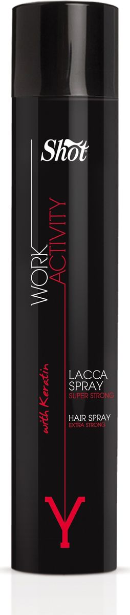 Shot Work Activity Hair Spray Extra Strong - Лак-спрей супер-сильной фиксации, черный 490 млMP59.4D Shot Work Activity Hair Spray Extra Strong - Лак-спрей супер-сильной фиксации, черный 490 млMP59.4DОбладает супер-сильным уровнем фиксации.Подходит для моделирования технически сложных вечерних и торжественных причесок на базе длинных волос.Использование средства позволяет создавать по-настоящему роскошные и уникальные творения, надежно фиксировать их первозданную форму, а также ухаживать за прядями.Лак-спрей Shot Work Activity Hair Spray Extra Strong - пролонгированное время высыхания, дающее возможность проработать каждую пряди и придать ей необходимую, даже самую сложную форму, термоустойчивость.При нагревании лак Shot Work Activity Hair Spray Extra Strong не теряет своих характеристик, не образует неприглядного белого налета, что открывает безграничные возможности стайлинга.Щадящая формула.В отличие от многих аналогичных продуктов лак не вредит волосам, а, наоборот, с каждым использованием повышает их качество и улучшает внешний вид. Содержит натуральный кератин, витамины и коллаген.